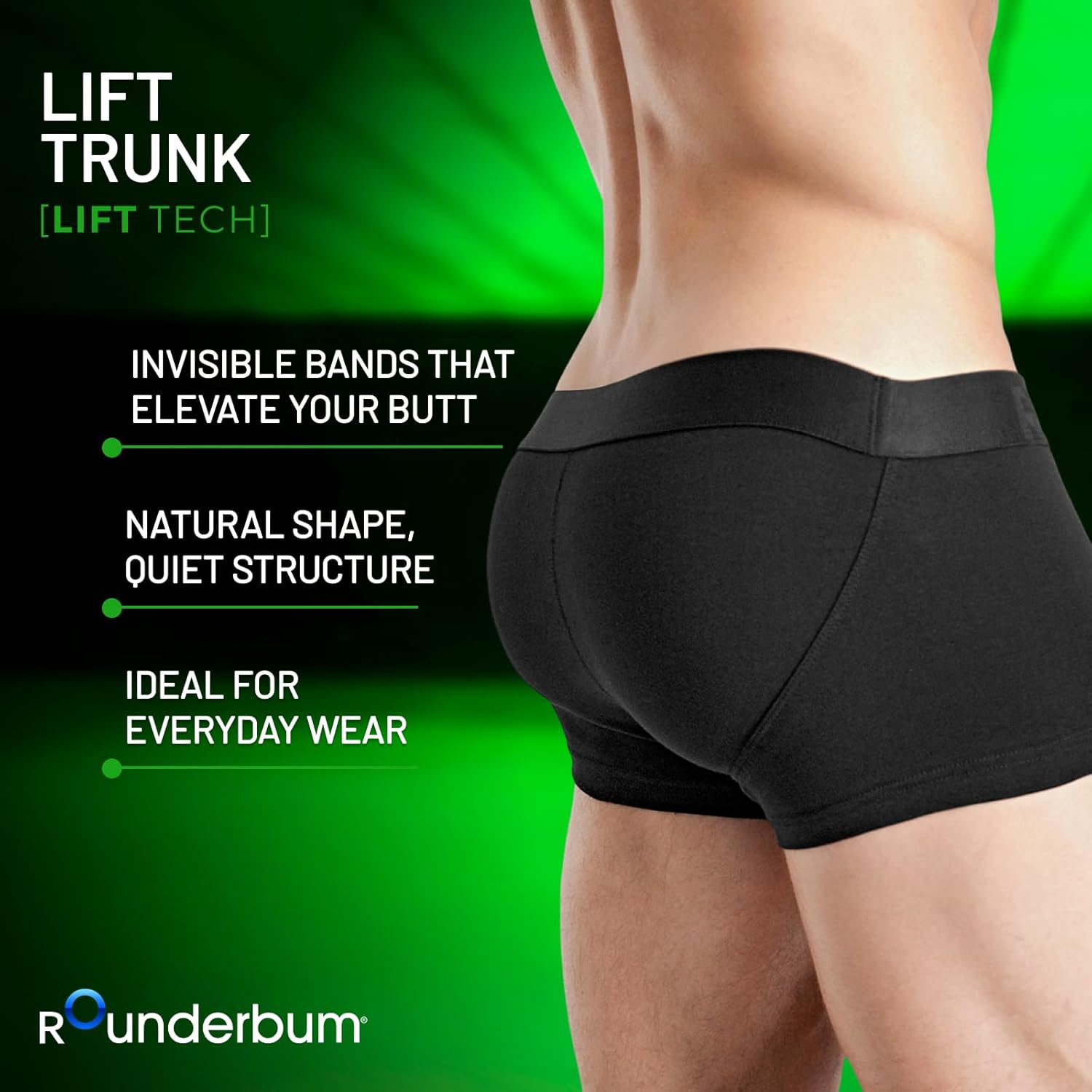 Rounderbum Men’s Lift Tech Boxer Trunk – Hidden Band Butt Lifting Underwear, 3 Colors