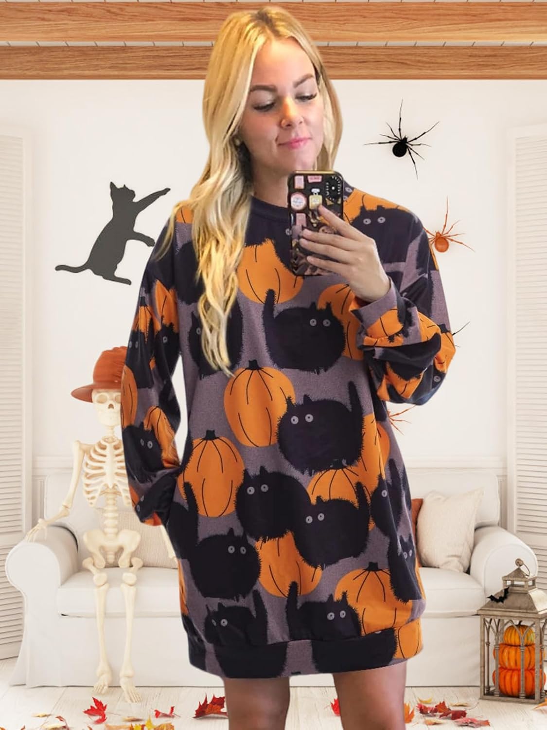 JINTING Women Halloween Sweatshirt Pumpkin Cat Long Sleeve Funny Doddle Graphic Printed Pullover Dress Fall Shirt Tops