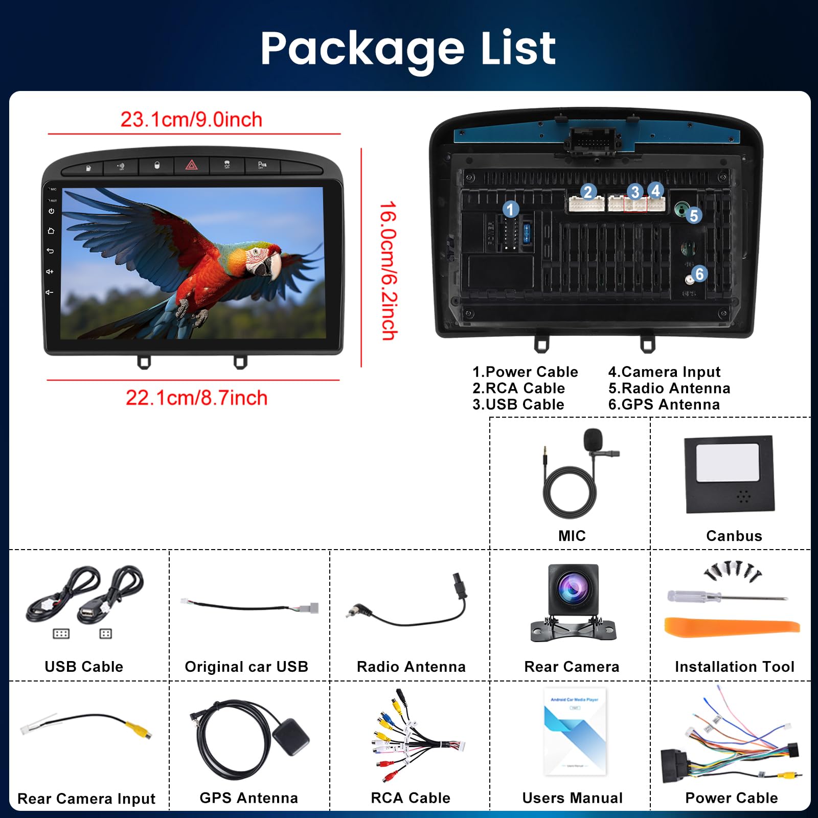 NHOPEEW 4+64G Radio Voiture pour Peugeot 308/408 2007-2013 - Radio Android 9 Pouces avec sans Fil Carplay et Android Auto - Mirror Link 32EQ DSP Écran Divisé + Caméra de Recul & Microphone