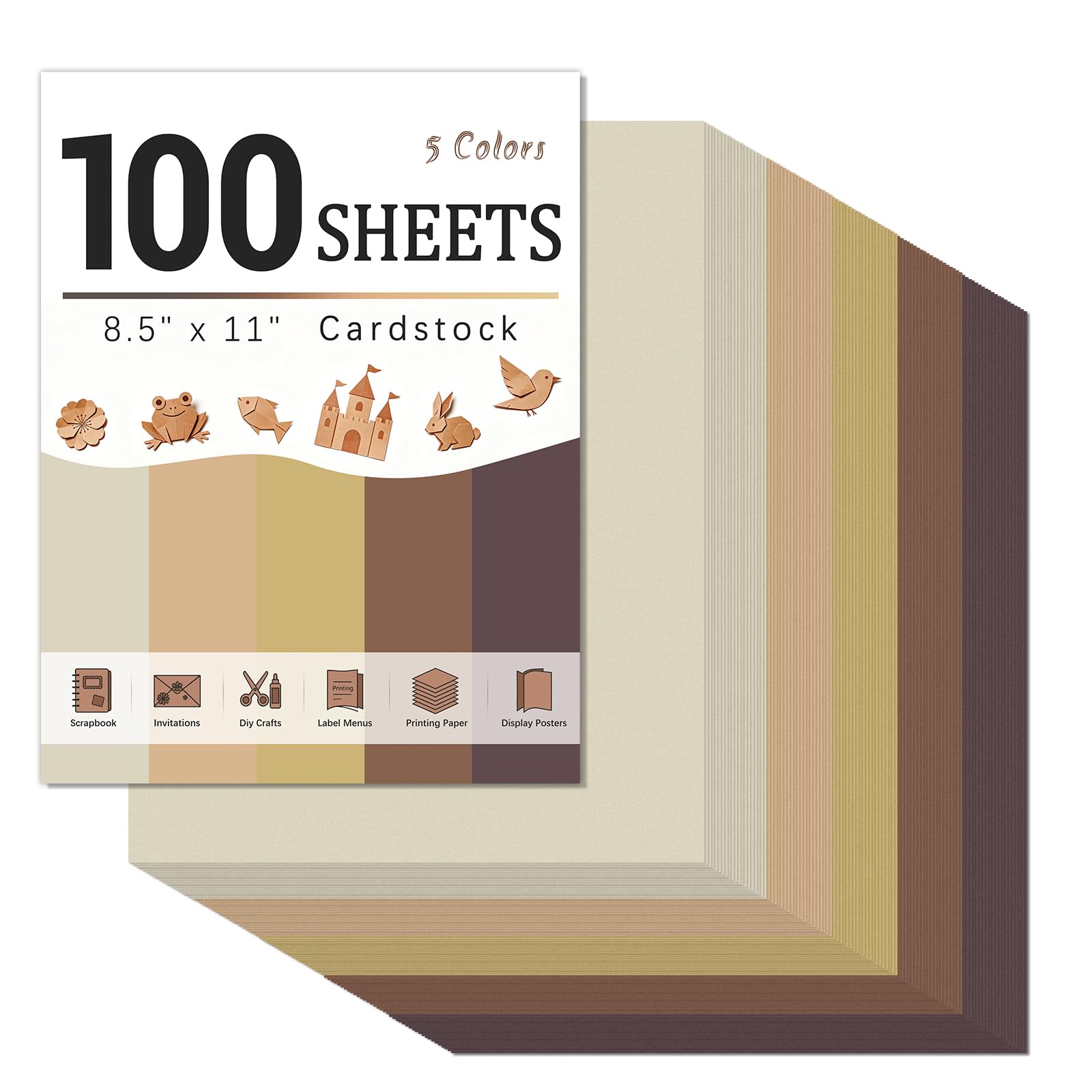 100 Sheets 180GSM Coloured Card A4, 5 Assorted Brown Card