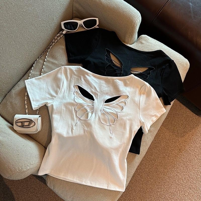Image of ICW Women's Streetwear Round Neck Butterfly Cutout Back Short-Sleeve Padded Crop Top T-Shirt Dn249