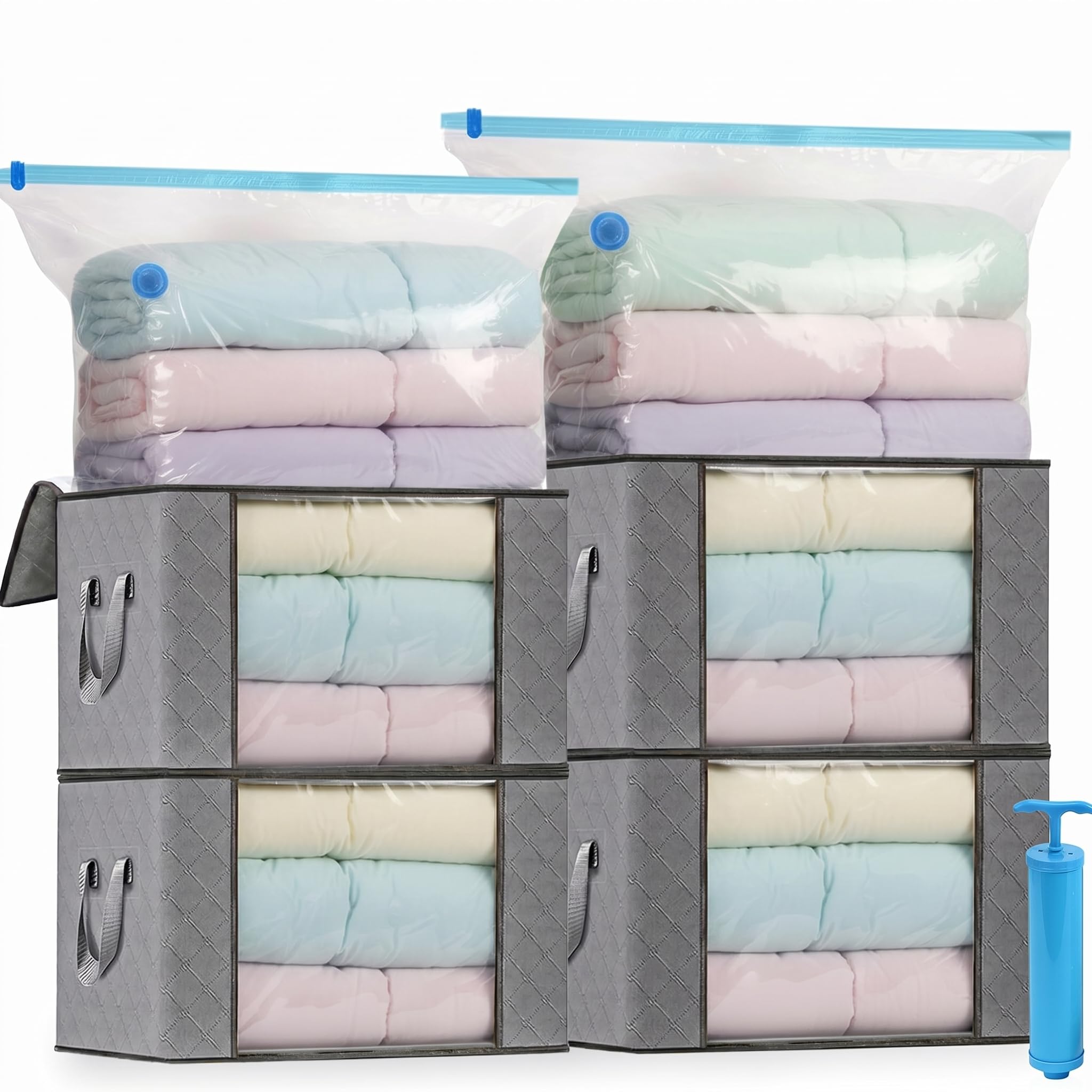 4 Pezzi Scatole per Vestiti,4 Sacchetti Sottovuoto Vestiti Salvaspazio e 1 Pompa,Contenitori per Armadio Salvaspazio Pieghevole,con Manico rinforzato per Trapunte,Coperte,Biancheria da Letto