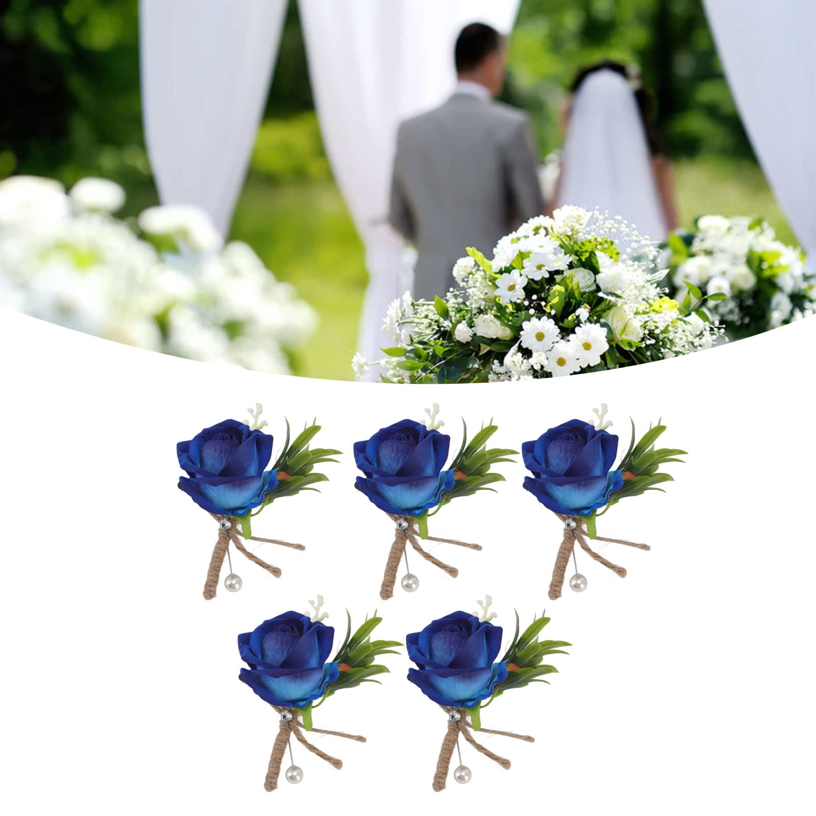 MOUMOUTEN 5 Piezas Boutonniere De Boda - Rosa De Ramillete De Boda - Boutonniere De Flores Artificiales para Novias Y Novios Pin Premium Rosas De Plástico Fijas(Azul)