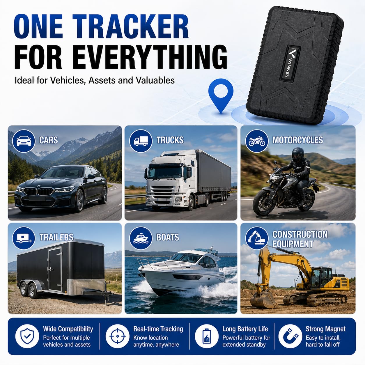 Winnes Traceur GPS Voiture 4G TK915 GPS Tracker Suivi en Temps Réel sans Limitation de Distance Localisateur GPS Antivol avec Batterie Rechargeable 7800mah pour Voiture/Automobile/Bateau/Camping Car