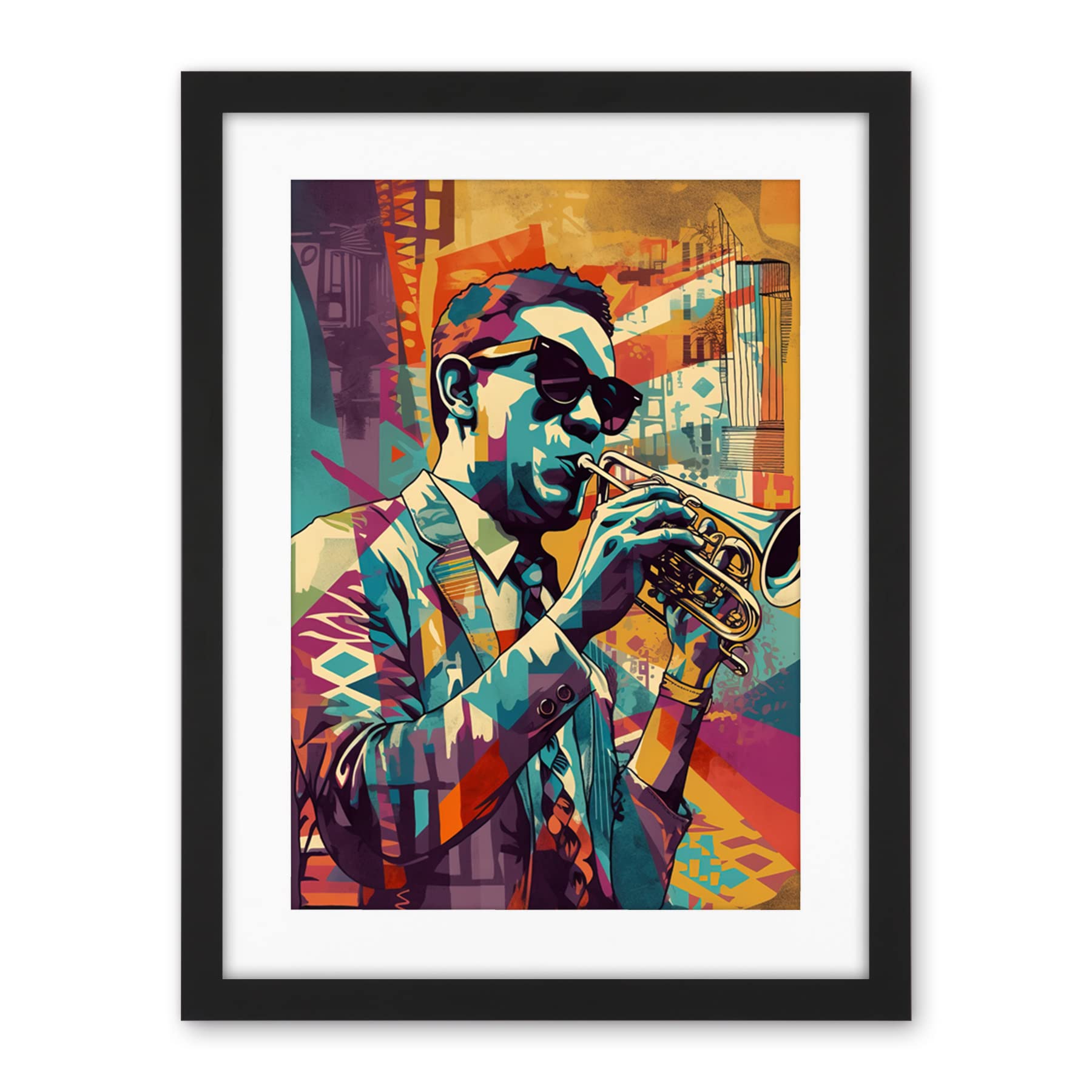 Artery8 Trumpet Player Jazz Musician with Sunglasses Modern Colour Linocut Print Artwork Framed Wall Art Print 18X24 Inch