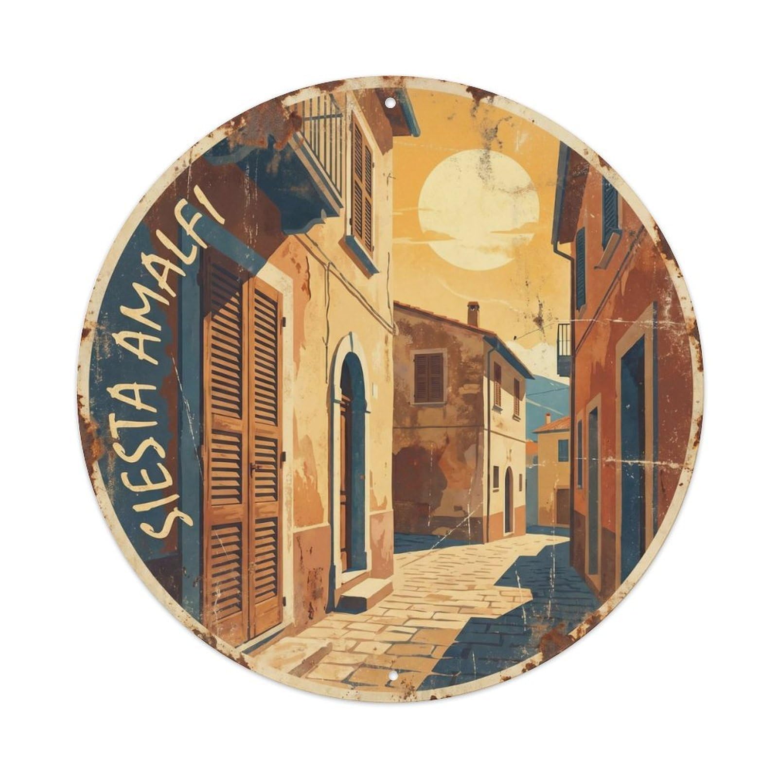 Amalfi Afternoon Siesta Retro Travel Italian Coast Landscape Metal Tin Sign Plaque Wall Decor for Cafe, Man Cave, Club Bar, Office, Home Garden Round Metal Poster 8x8Inch