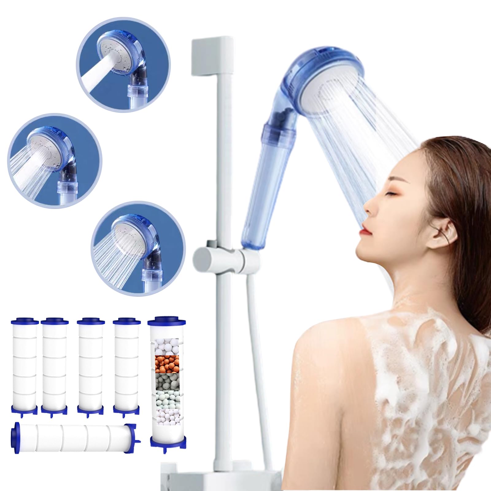 ONsercaShower Head with 7-layer Anticalcare and Dechlorination inner Filter, 3 Spray Modes Universal Pressurized Shower Head with extra 5 filters-Remove 99% Clorine and Impurifies water (Blue)
