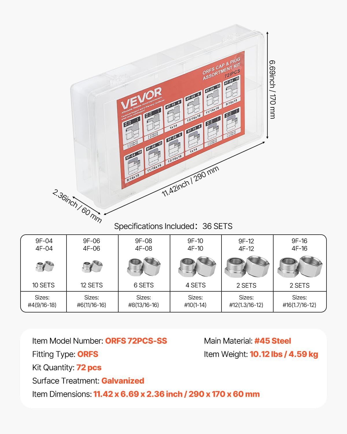 VEVOR 72 PCS ORFS Hydraulic Fittings, O Ring Face Seal Fitting Kit, Hydraulic Hose Tube and Pipe Fittings, Cap and Plug Set for Hydraulics, O Ring Assortment Kit Precision Thread, Sizes 4 6 8 10 12 16