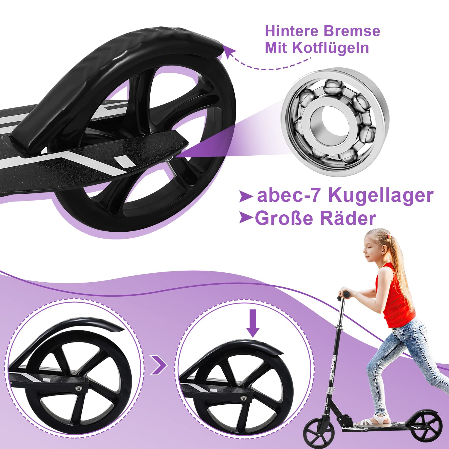 Dziecięca hulajnoga składana, z regulacją wysokości, z kółkami Big Wheel i paskiem do noszenia