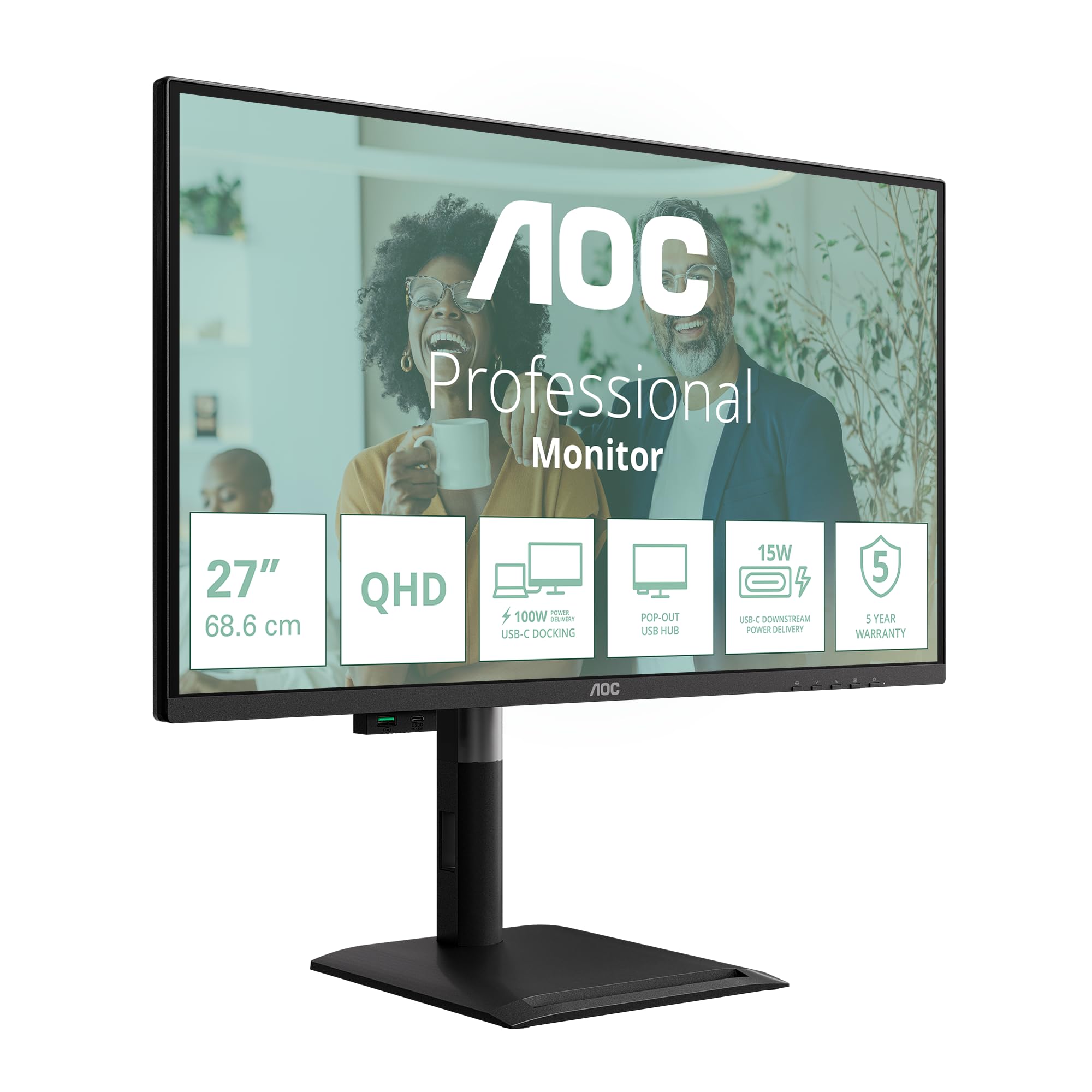 AOC Q27P4CV 27 inch WQHD USB-C Monitor 120Hz, IPS Panel, 4ms GtG, Adaptive Sync, HDR Mode, Height Adjustment, Speakers, (2560x1440 HDMI 1x 2.0 DP 1.4 USB Hub) Black