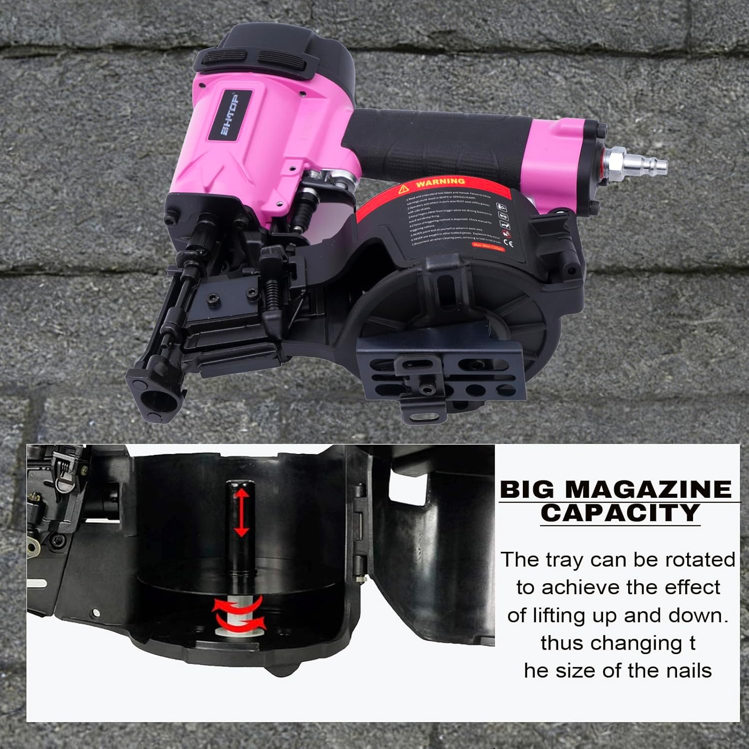 BHTOP CN45N Roofing Nailer, 15 Degree Roofing Nail Gun, 3/4-Inch to 1-3/4-Inch Coil Nails, 120-pcs Load Capacity Coil Nailer in Pink