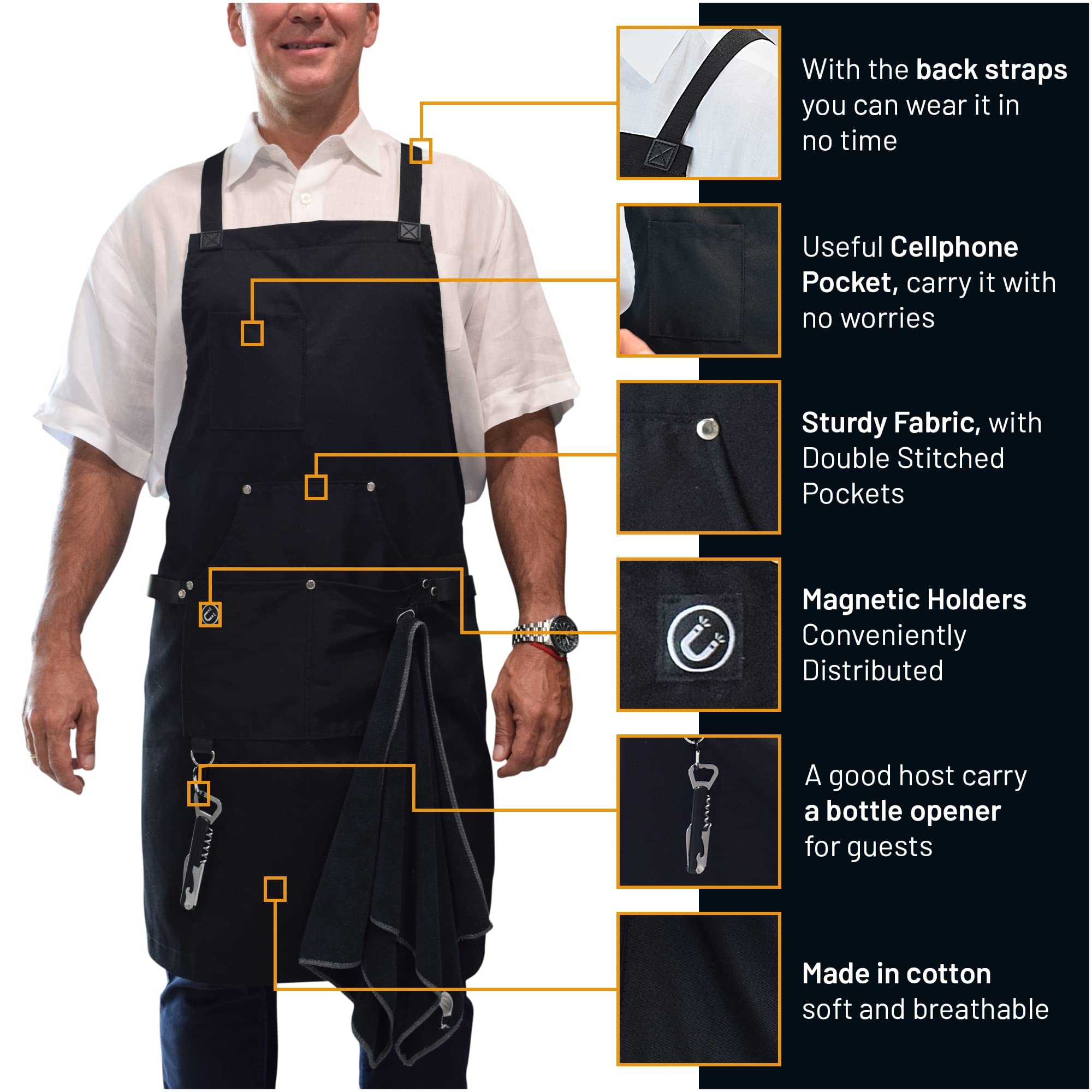 Delantal de cocina para hombre con bolsillos, grado profesional, hecho para cocinar, servidores, cómodo con correas cruzadas