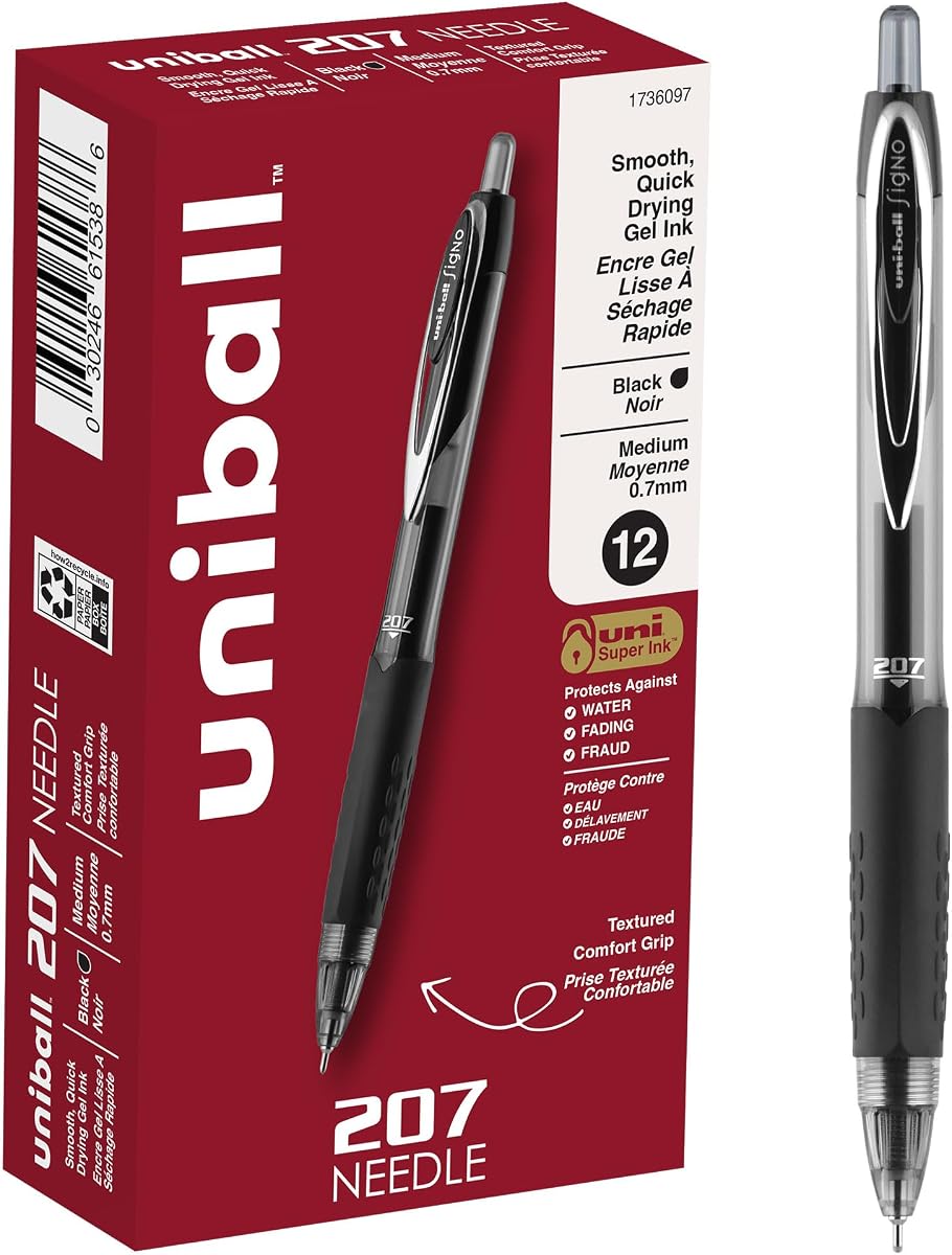 bolígrafos de gel con aguja uniball™ 207, punta media (0,7 mm), negro, paquete de 12 | Punta de aguja para líneas precisas y rectas, uni Super Ink resistente al fraude, agarre de goma texturizado resistente al agua y a la decoloración.