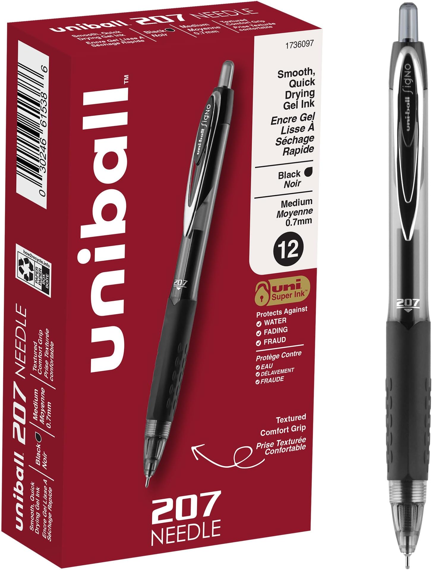 207 Needle Retractable Gel Pens, Medium Point (0.7mm), Black, 12 Count