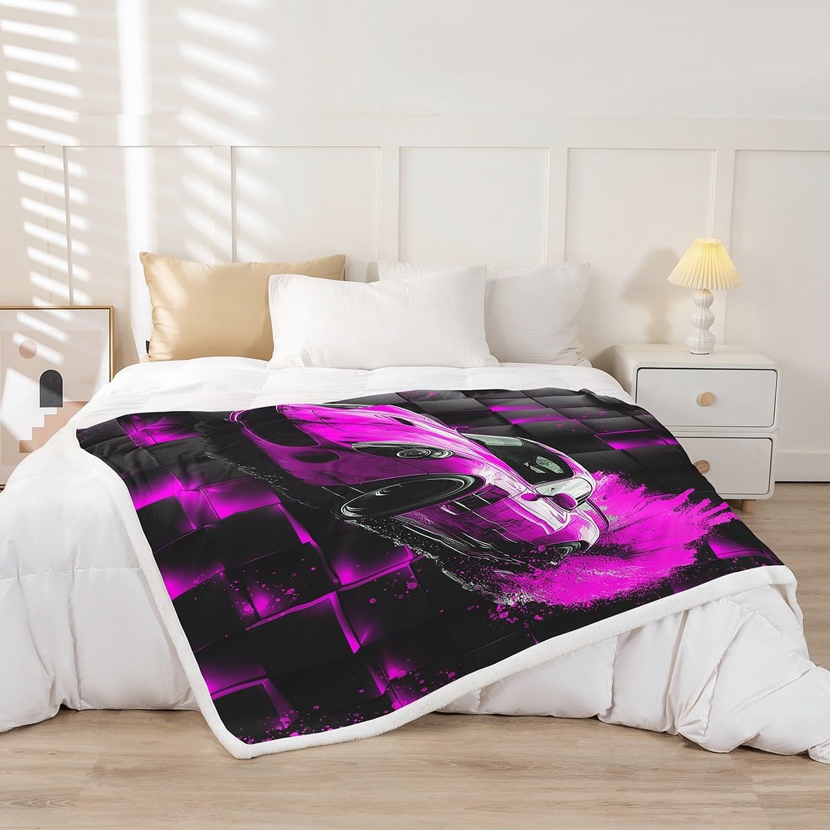 Racing Car Kids Flannel Blanket,Pink Cool Sports Car Print Fuzzy Blanket for Children,3D Abstract Checkered Polyester Throw Blanket for Couch, Twin Size (60 x 80 Inch)