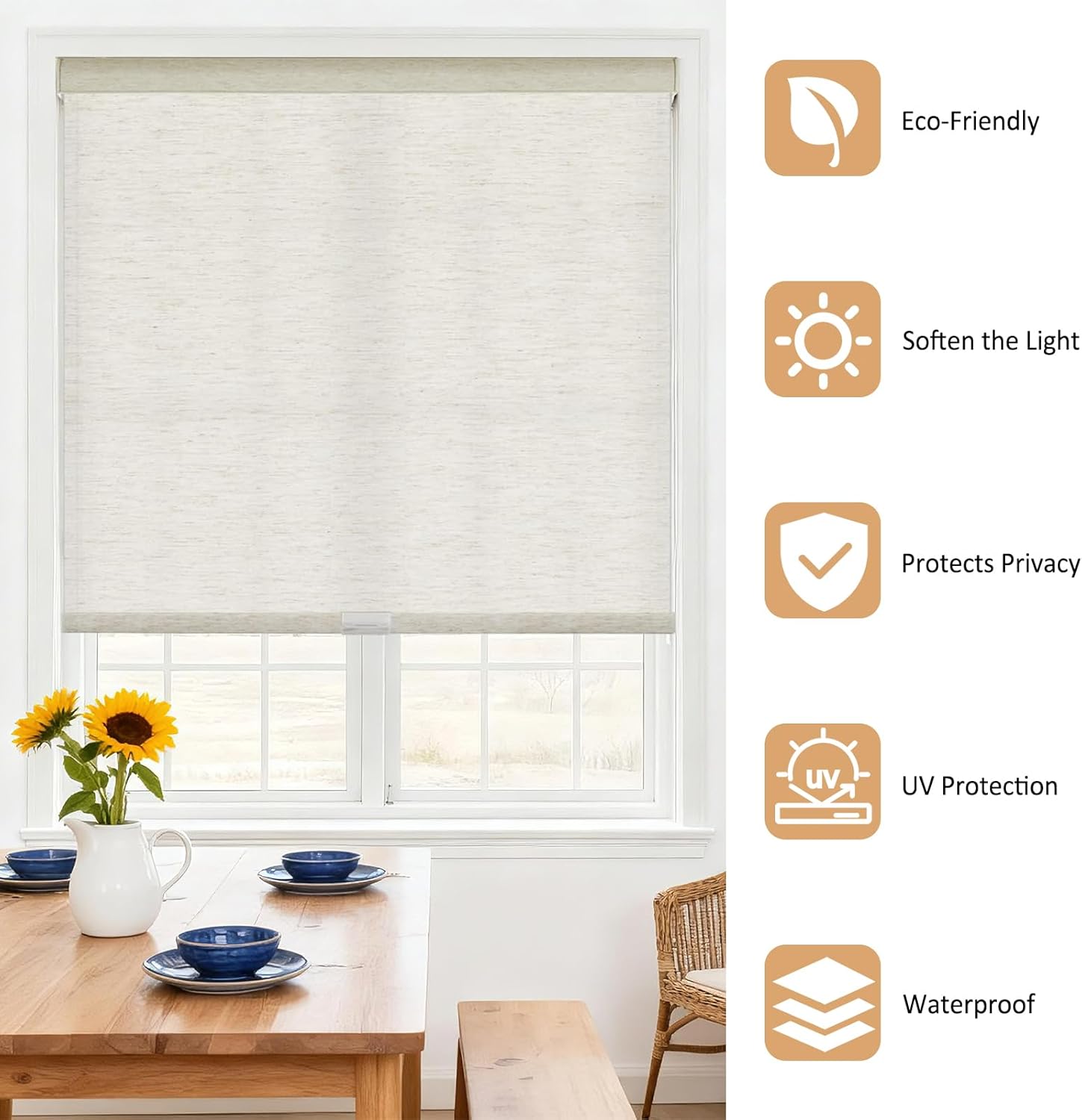 Custom Size Free-Stop Cordless Roller Blinds for Windows Blinds Light Filtering Roller Shades for Windows Natural Woven Linen Fabric UV Protection Shades for Home,Office,Linen Cream,83" W × 56" H