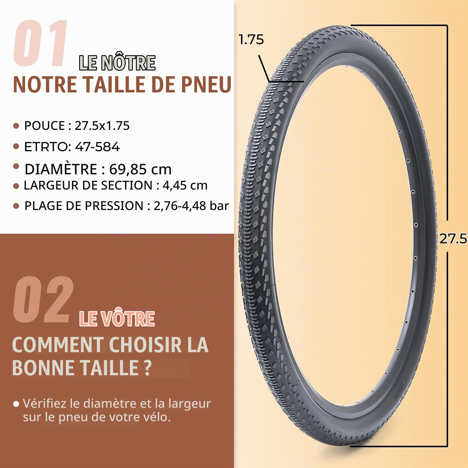 Lot de 2 pneus de vélo 27,5 x 1,75 pouces - Pneus de vélo 27,5 x 1,75 - 47-584 - Compatible avec vélos de route/ville - 27,5 x 1,75 - Pliables