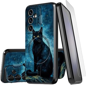for Samsung Galaxy A15 5G Case with Screen Protector Adjustable Camera Cover Stand Kickstand & Camera Lens Protection Magnetic Shookproof Protection Phone Case for Galaxy A15 5G 6.5",Black Cat Galaxy