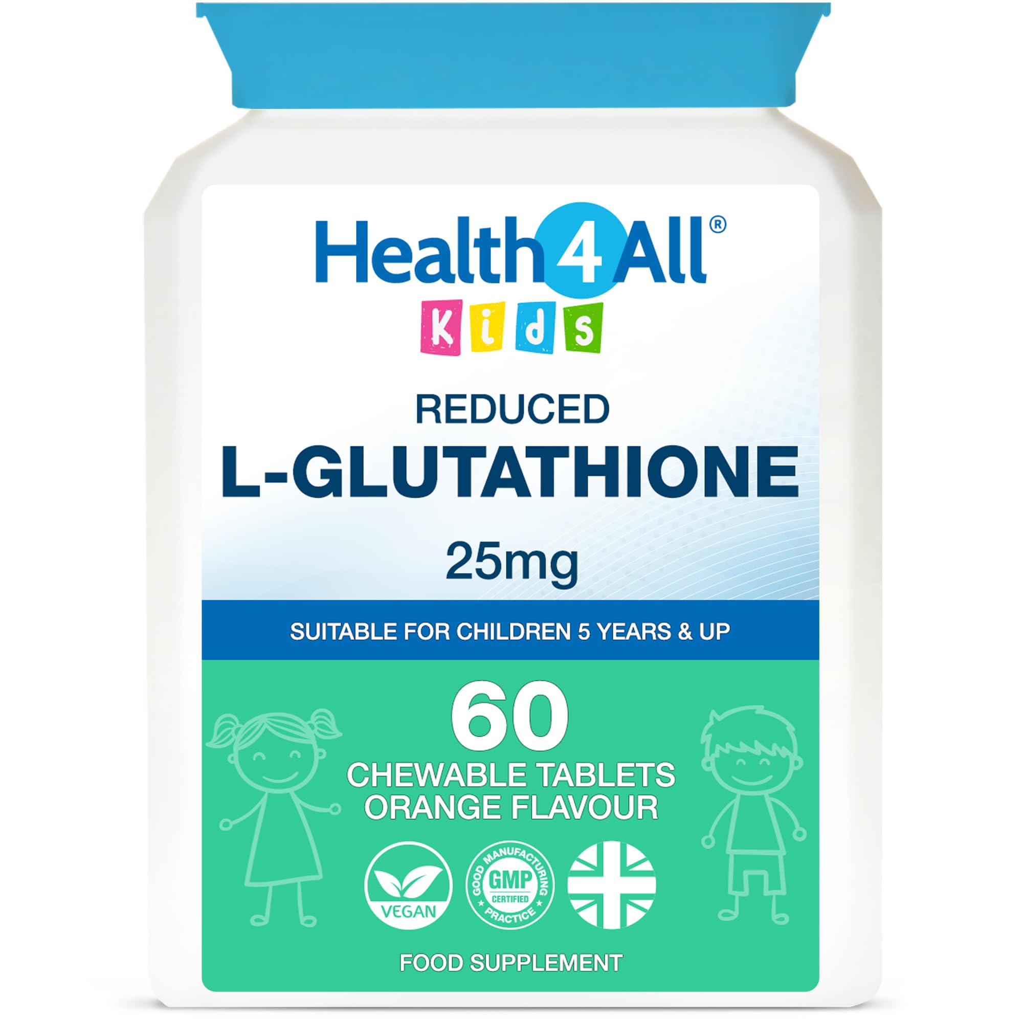 Kids L-Glutathione 25mg 60 Chewable Tablets, Reduced Glutathione (GSH) Antioxidant and Detox Support Supplement for Children 5+, Natural Vegan Orange Flavour, Sugar-Free | Made in UK