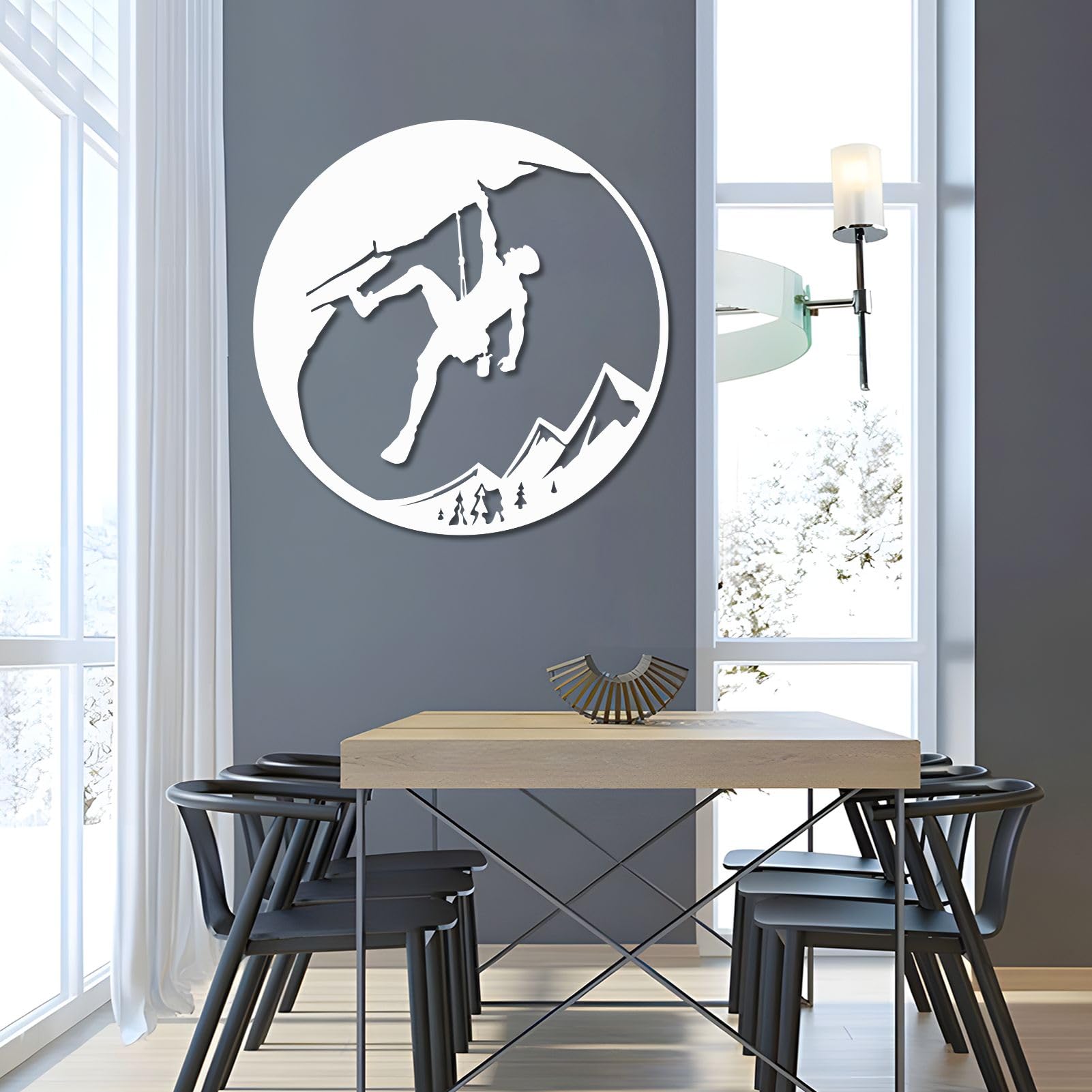 Großes abstraktes Wandbild aus Metall, Motiv: Felskletterer, Dekoration für Klettersport, Dekoration für Bergabenteuer im Freien, für Wohnzimmer, Schlafzimmer, Büro, Männerhöhle (Silber, 47 cm B