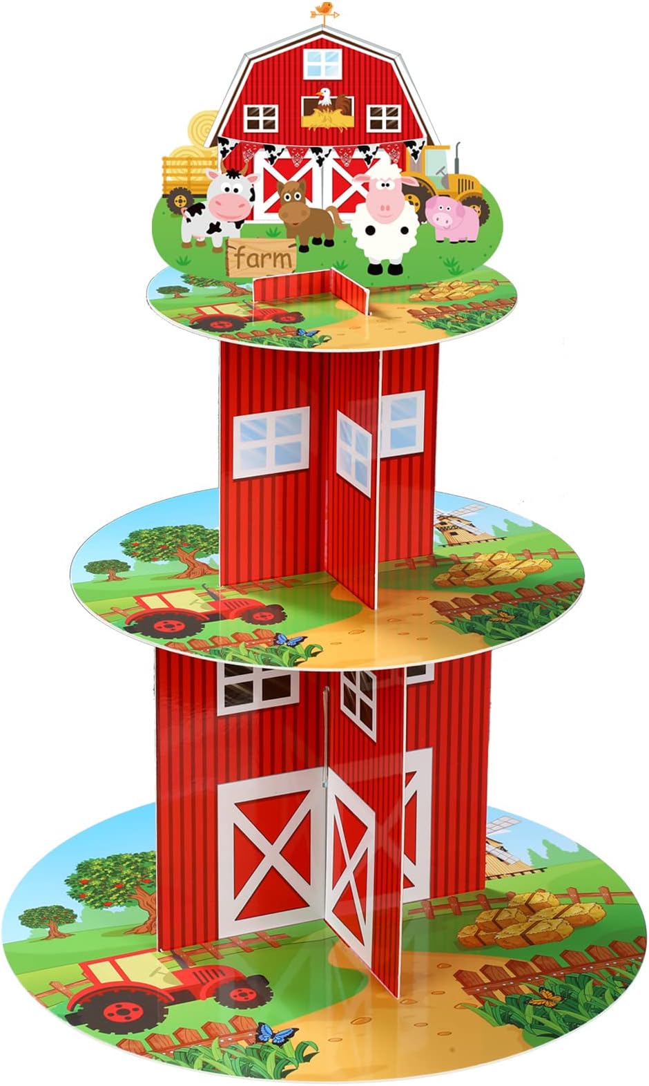 Zopeal Farm Cupcake Stand 3 Tier Farm Theme Animal Cup Cake Holder Stand Cardboard Farmhouse Dessert Tower Round Barnyard Pastry Serving Platter for Party Supply Birthday Baby Shower Party Decoration