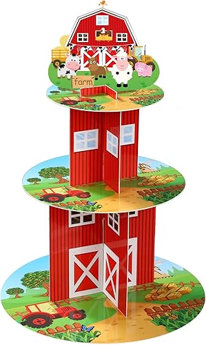 Miniatura 8 de Soporte para cupcakes de granja de 3 niveles con estampado de vaca, suministros de fiesta de cumpleaños de animales de granja, soporte de pastel de