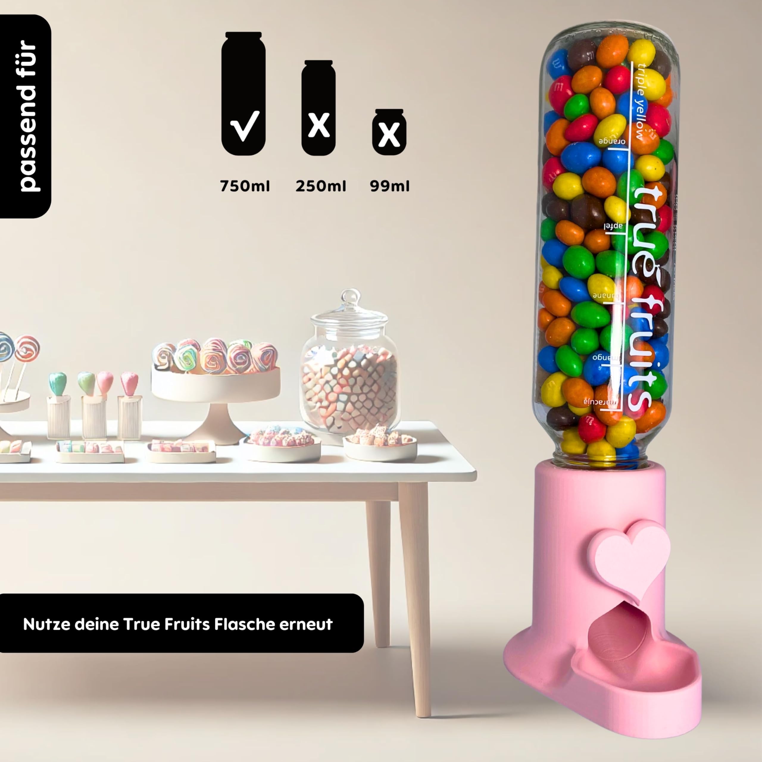 Süßigkeitenspender Adapter für True Fruits 750ml Flasche Deckel/Adapter Kaugummiautomat retro Gadget Candy Bar Bubble Gum Dispenser für 750ml - pink