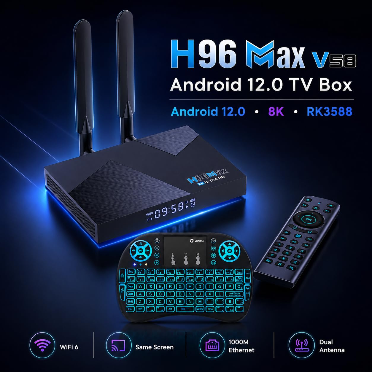 Android 12 TV Box H96 MAX V58 RK3588 Octa-Core 8GB RAM 64GB ROM WiFi6 Dual-Band Bluetooth 5.0 8K 4K USB 3.0 Smart TV Media Player
