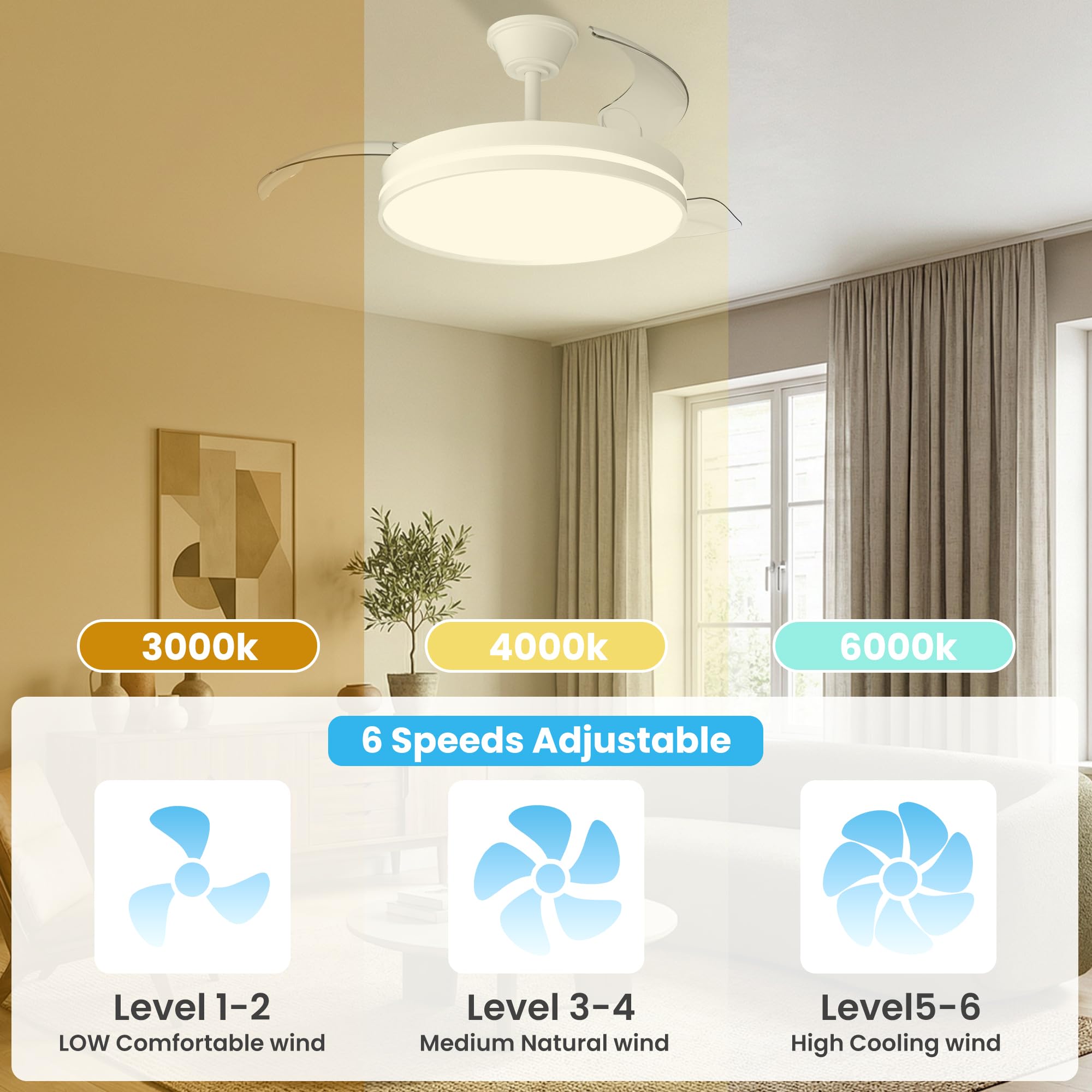 Ventilatore da Soffitto con Illuminazione 106 cm, Ventilatore da Soffitto Luce a LED e Telecomando 6 Velocità, Illuminazione LED Dimmerabile, motore DC silenzioso