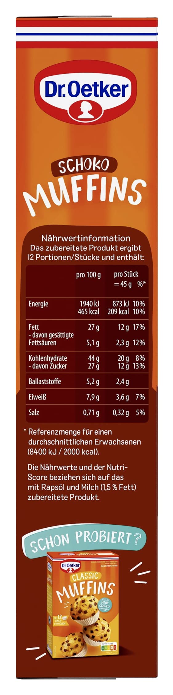 Dr. Oetker Muffins Schoko, 8er Pack (8 x 345 g), Backmischung für Rührteig mit Schokotropfen, zum Zubereiten von 12 schokoladigen Muffins, inkl. Papierbackförmchen