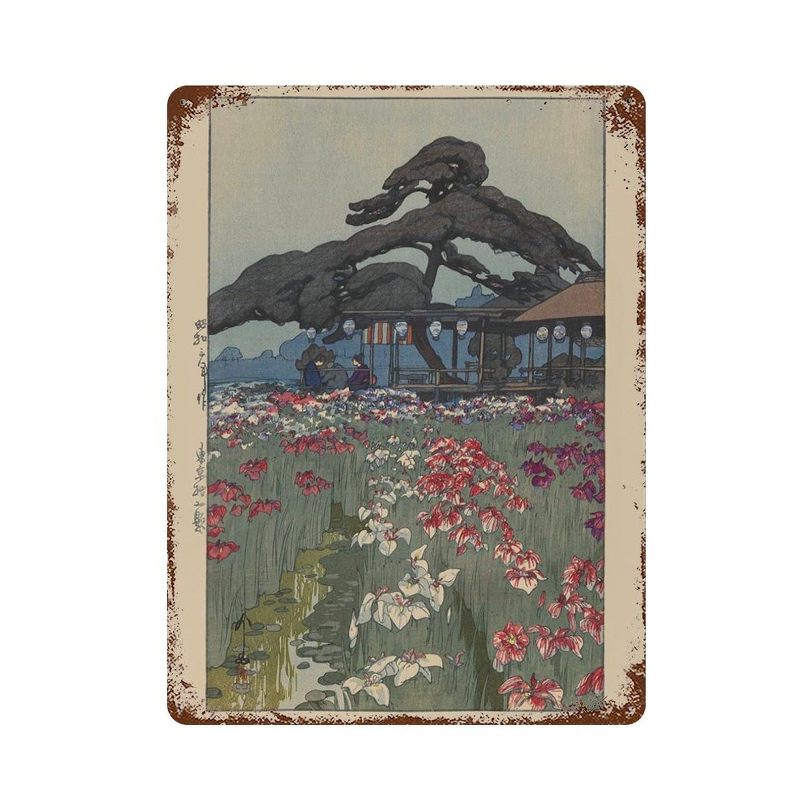xiaoxiaoshen Iris Garden in Horikiri by Yoshida Hiroshi Japanese Woodblock Wall Decor Art Metal Tin Poster Modern Home Decor Art Home Bar Shop Decorations Vintage Sign 40x30cm