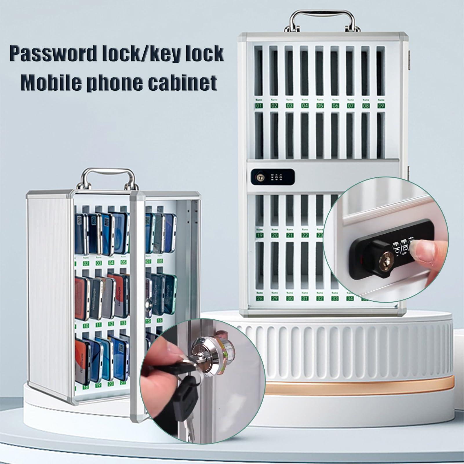 Handy Safe Mit Passwortsperre Aluminiumlegierung Handybox Mit Transparentem Türschrank Für Fabrik/Schule/Unternehmen (Silver, 24bit)