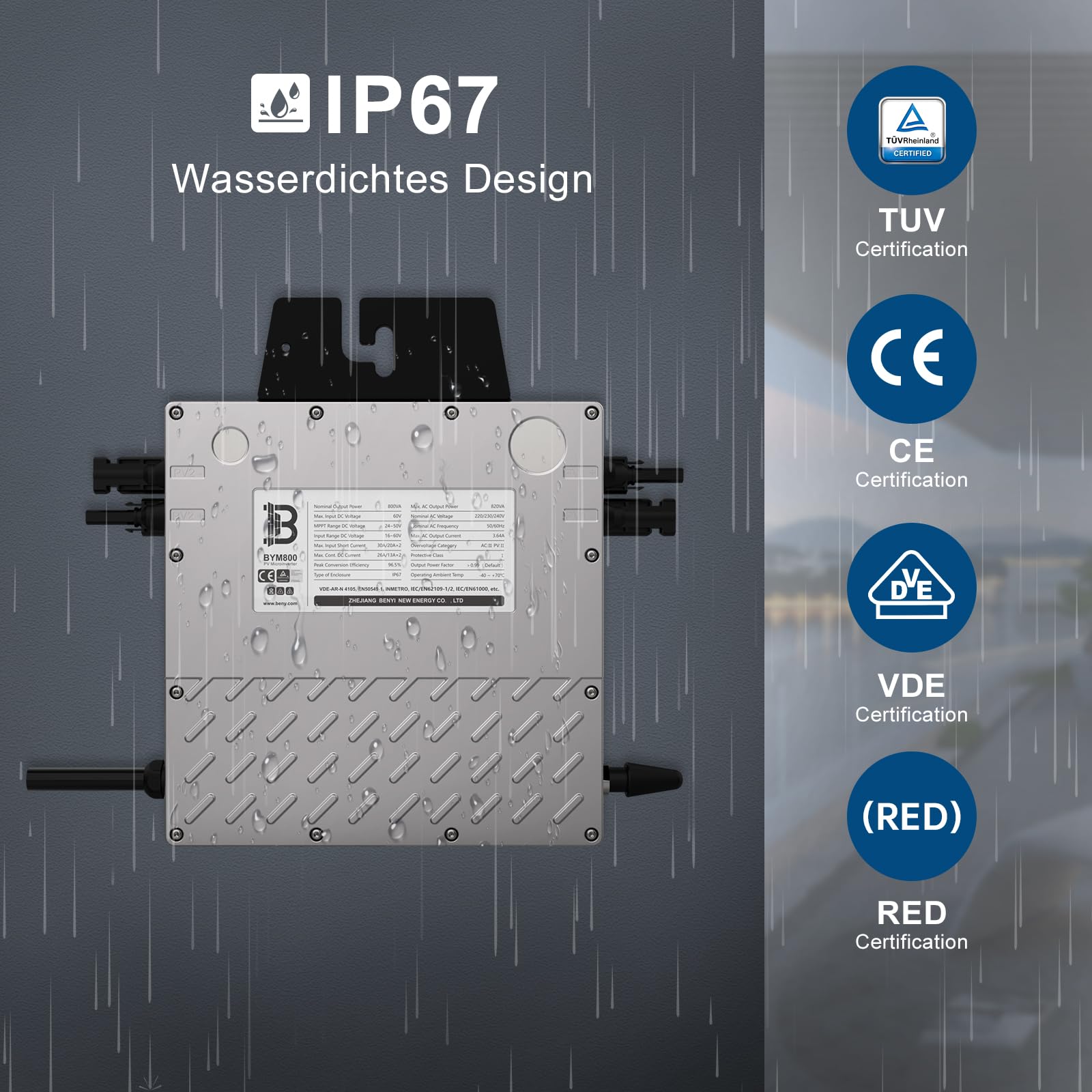 BENY Solar-Mikro-Wechselrichter 800 W - Wechselrichter verbunden mit dem Stromnetz mit WLAN- und APP-Steuerung, Leistung des Solarwechselrichters einstellbar von 800 W bis 600 W, IP67, 5 m langes