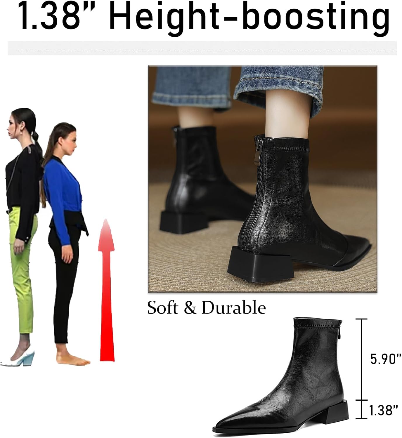 Women's Leather Chunky Heel Ankle Boots with Back Zipper Retro Comfortable Pointed Toe Low Heel Short Bootie for Daily Casual Dress Boots - Image 2