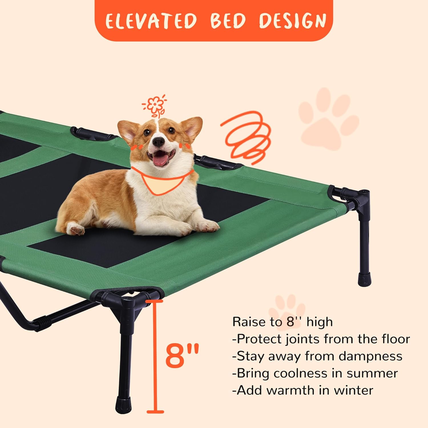 review PRAISUN Outdoor Dog Bed, XL Dog Cot, Elevated Dog Bed, Pet Bed with Oxford Fabric, Textilene Mesh, Carrying Bag, Cooling, for Indoors, Outdoors, Beach, Green