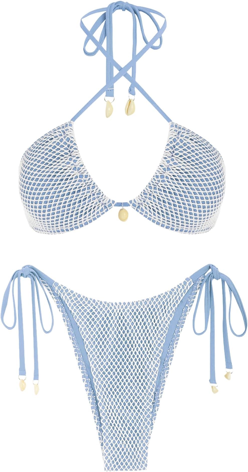 Women's Triangle Bikini Multiway Fishnet Tie Side Bandeau Halter String Bikini Set Two Piece Swimsuit Bathing Suits