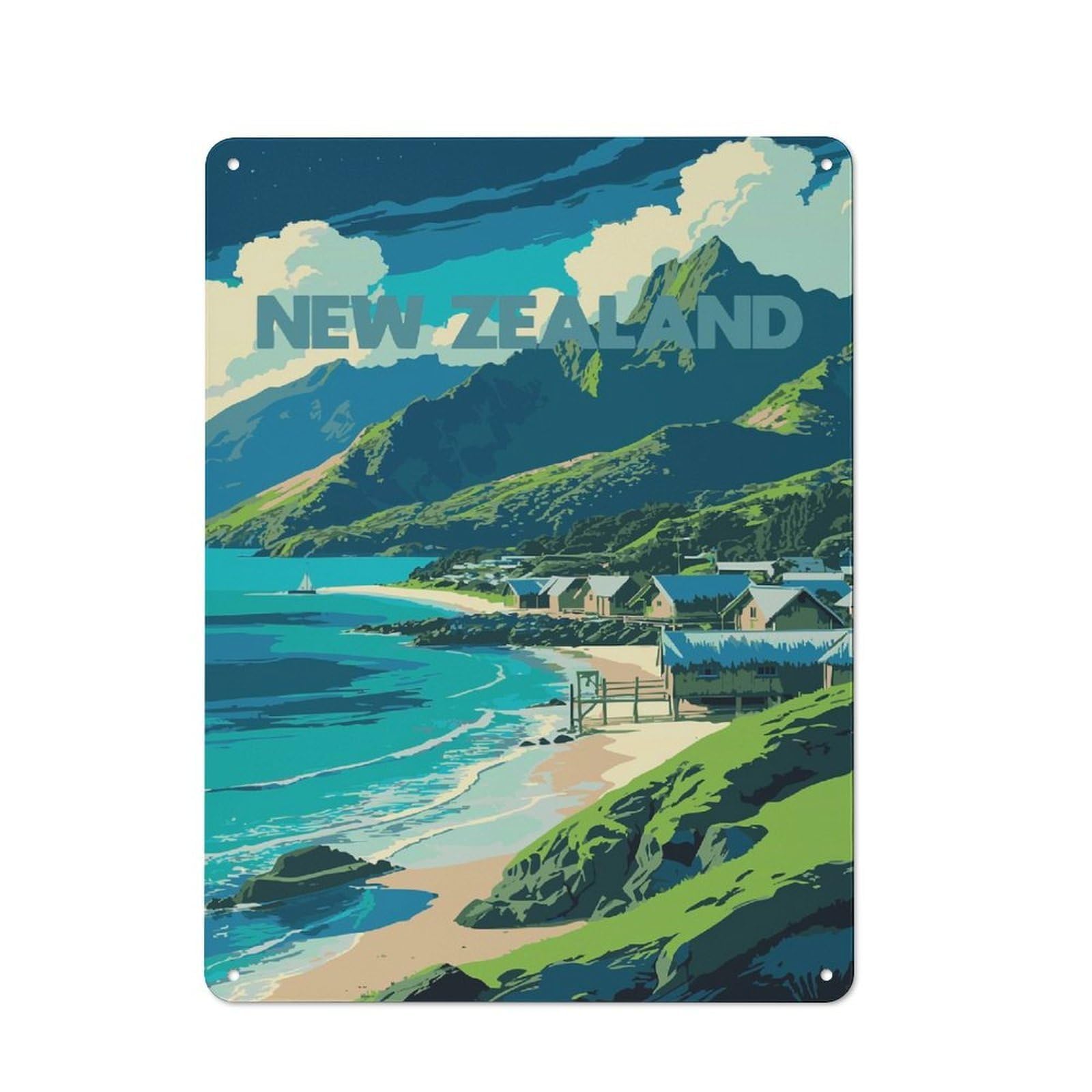 Junmoney Style-13 New Zealand Coastal Village Illustration Workshop Style Metal Wall Decor 40X30cm, Garage Metal Sign For Workshop, Basement, Shed Or Games Room