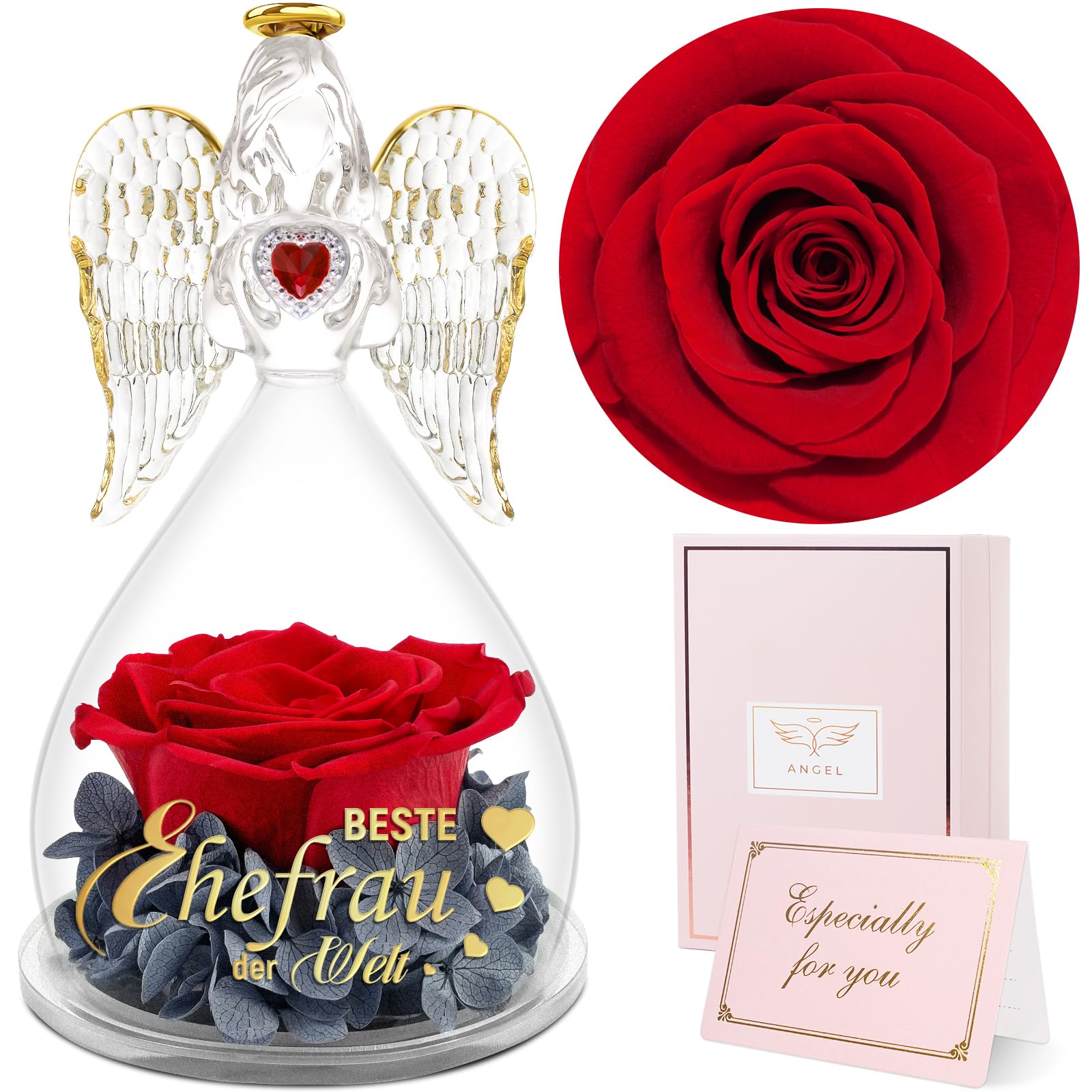 Sunia Geschenk für Ehefrau, Beste Ehefrau Geschenke,Engel Figur mit Spruch“Beste Ehefrau der Welt”, Ewige Rose in Engel Glaskuppel, Ewige Blume Geschenk, Hochzeitstag Geburtstag Geschenke für Ehefrau