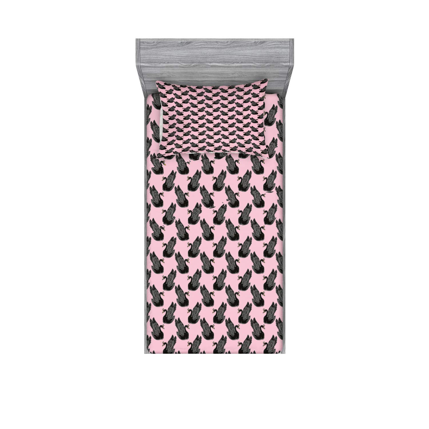 Sponsored Ad - Ambesonne Swan Fitted Sheet & Pillow Sham Set, Vintage Pin up Pattern with Black Swan Cartoon for Girls, De...