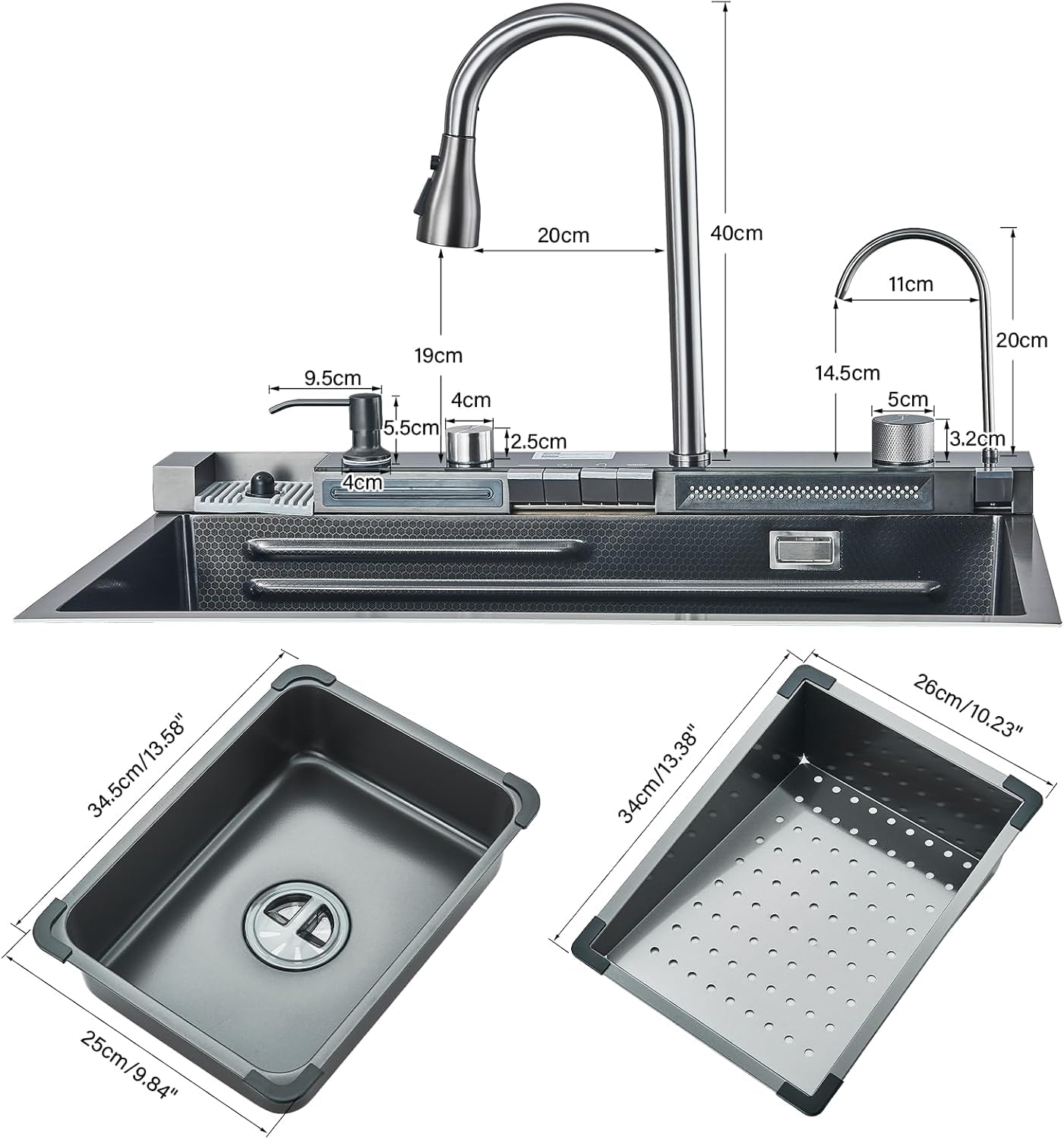 Évier de Cuisine Cascade Multifonctionnel Robinet Extractible Haute Pression Affichage Température ANTI-ÉCLABOUSSURES Éviers de Cuisine en Acier Inoxydable(75x46cm)