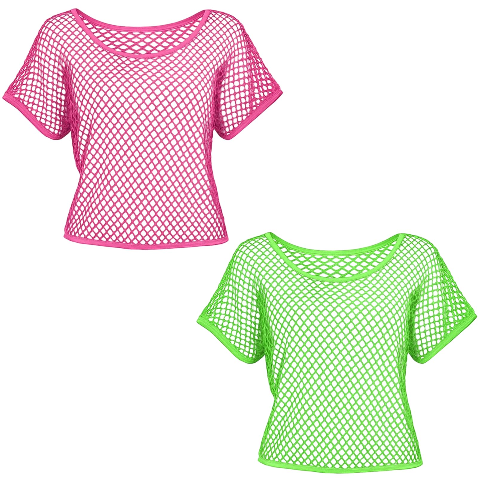 QhgPnt 2PCS 80s Neon Fishnet Top, 1980s Neon Fishnet Mesh T-Shirt