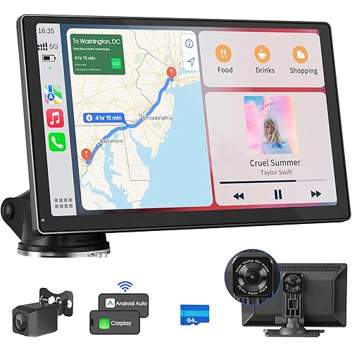 9'' Wireless Apple Carplay Screen for Car & Android Auto with 4K Dash Cam, Portable Car Stereo, 1080P Backup Camera, GPS Navigation, Car Audio Receivers Bluetooth, Mirror Link, Voice Control