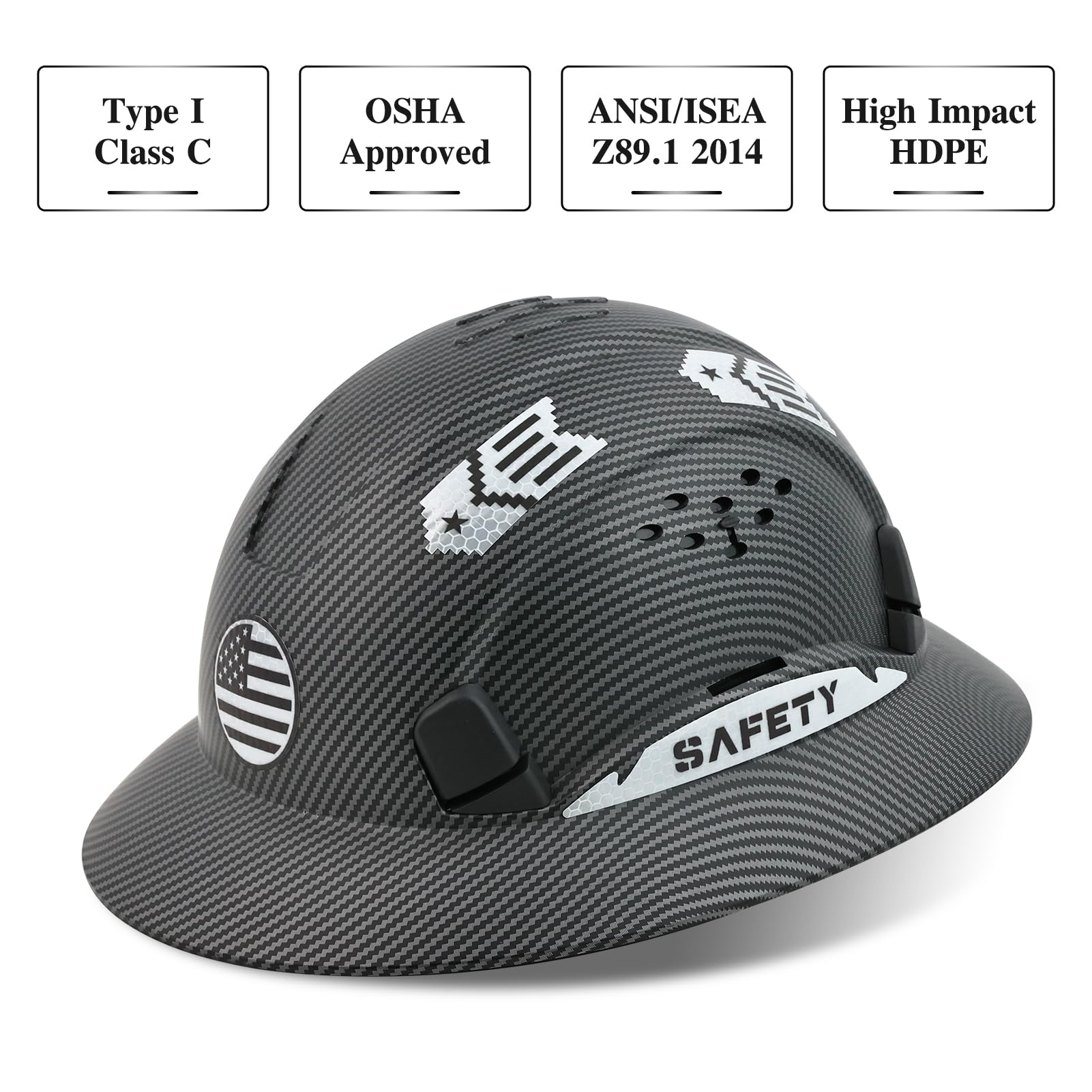 Casco duro de ala completa, casco de seguridad aprobado por OSHA, Cascos de Construcción, casco duro de construcción ventilada, trinquete ajustable con suspensión de 6 puntos, cascos de