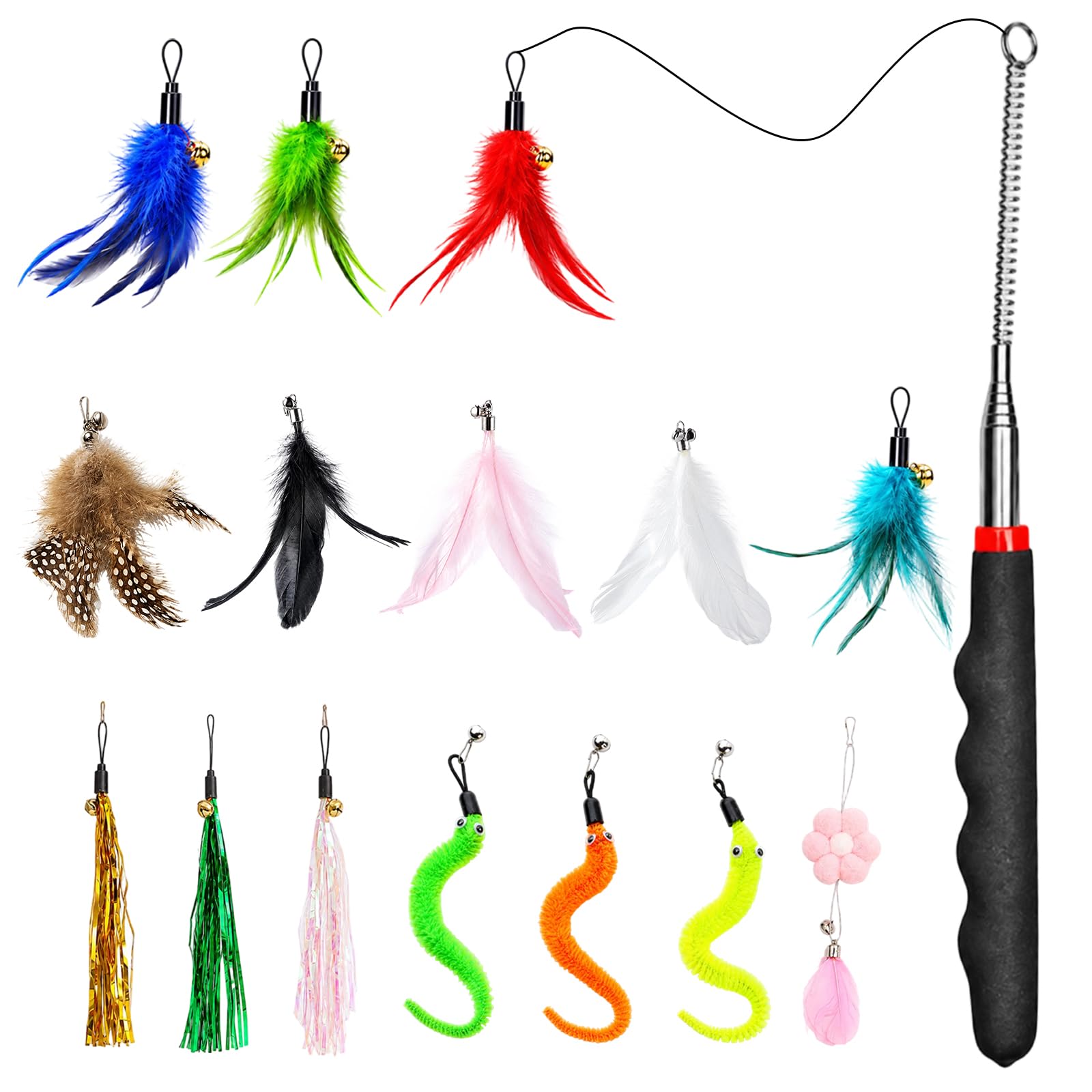 GYTFOG 16PCS Interactive Cat Toys – 1 Stainless Steel Cat Wand + 15 Assorted Teasers – Interactive Cat Feather Wand Toys for Boredom and Exercise, Cat Feather Toy Set for Indoor Cats Adult & Kittens