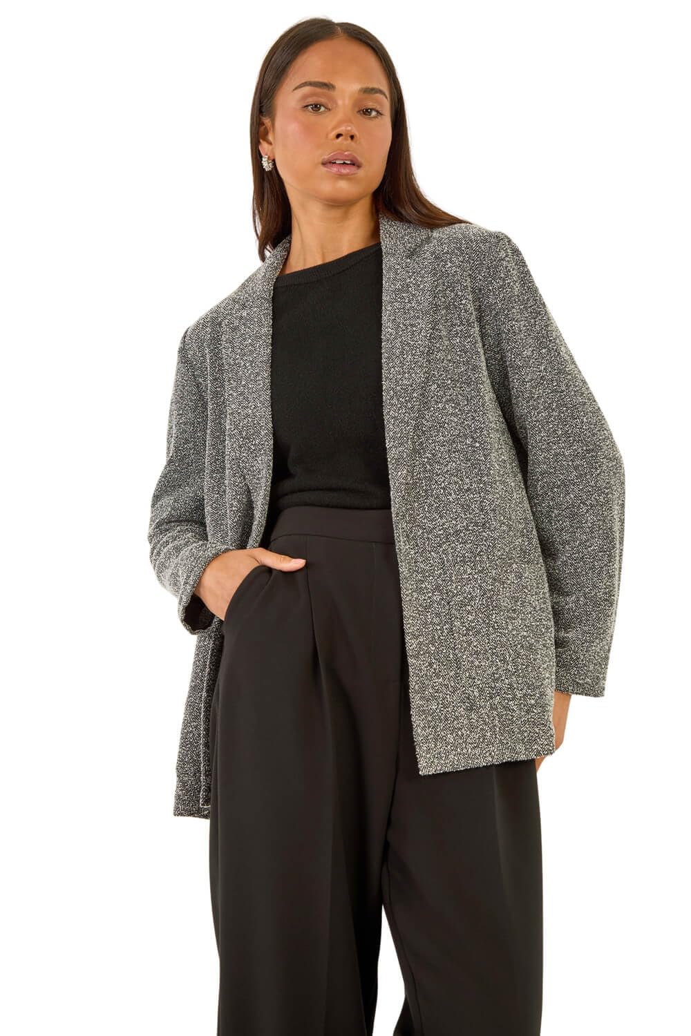 Roman Originals Women's Petite Black Roman Petite Herringbone Pocket Blazer For Uk - Everyday Autumn Winter Revered Collar Comfy Soft Evening Vacation Work Party Night Out - Size 14