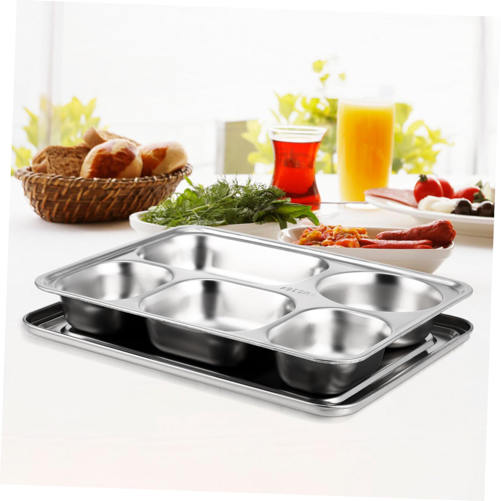Plateau-Repas Compartimenté en Acier Inoxydable, Assiette Double sous-Grille pour Garçon et Filles, Repas en Cantine