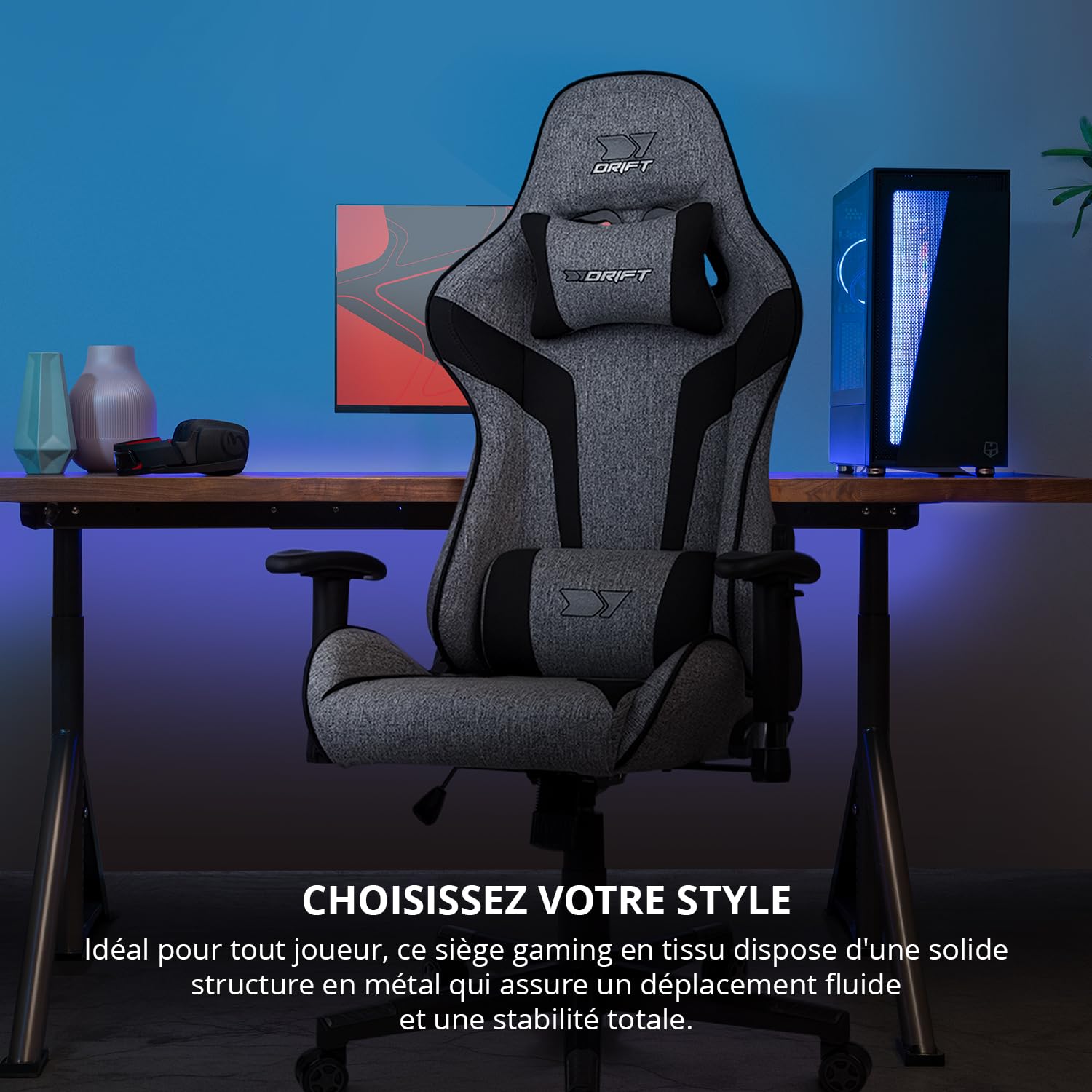 DRIFT GAMING Chair DR90 -DR90DGB - Chaise de Jeu Professionnelle, Tissu, accoudoirs rembourrés 2D, Base en Nylon renforcé, Piston de Classe 4, Inclinaison, Coussin Lombaire/Cervical, Gris/Noir