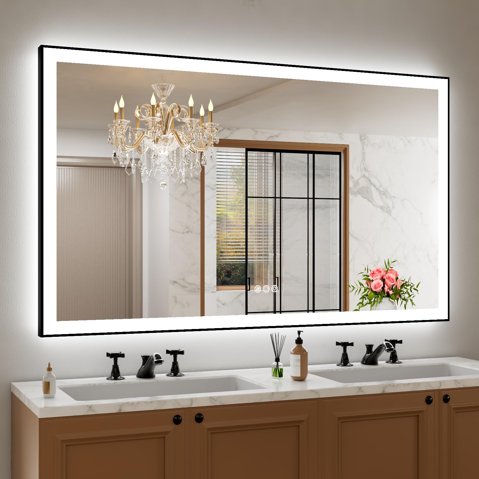 Amorho 60 X36 LED Bathroom Mirror with Black Frame Front Light and Backlit Controlled Separately Stepless Dimmable Anti-Fog