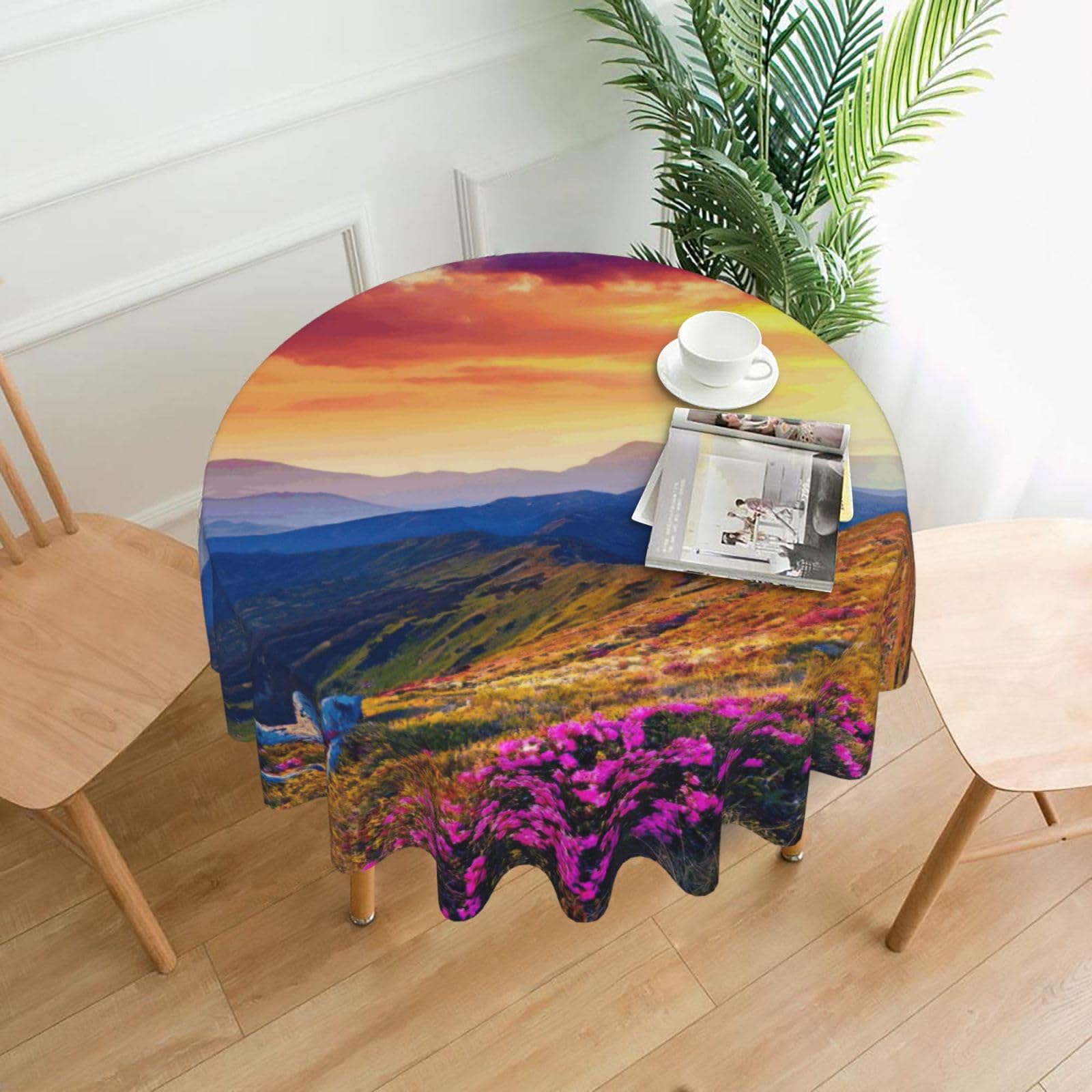 Zcmkjlg Sunset Mountain Flower Print Quick Ship Round Tablecloth 60in Polyester Washable Cover for Dining Room