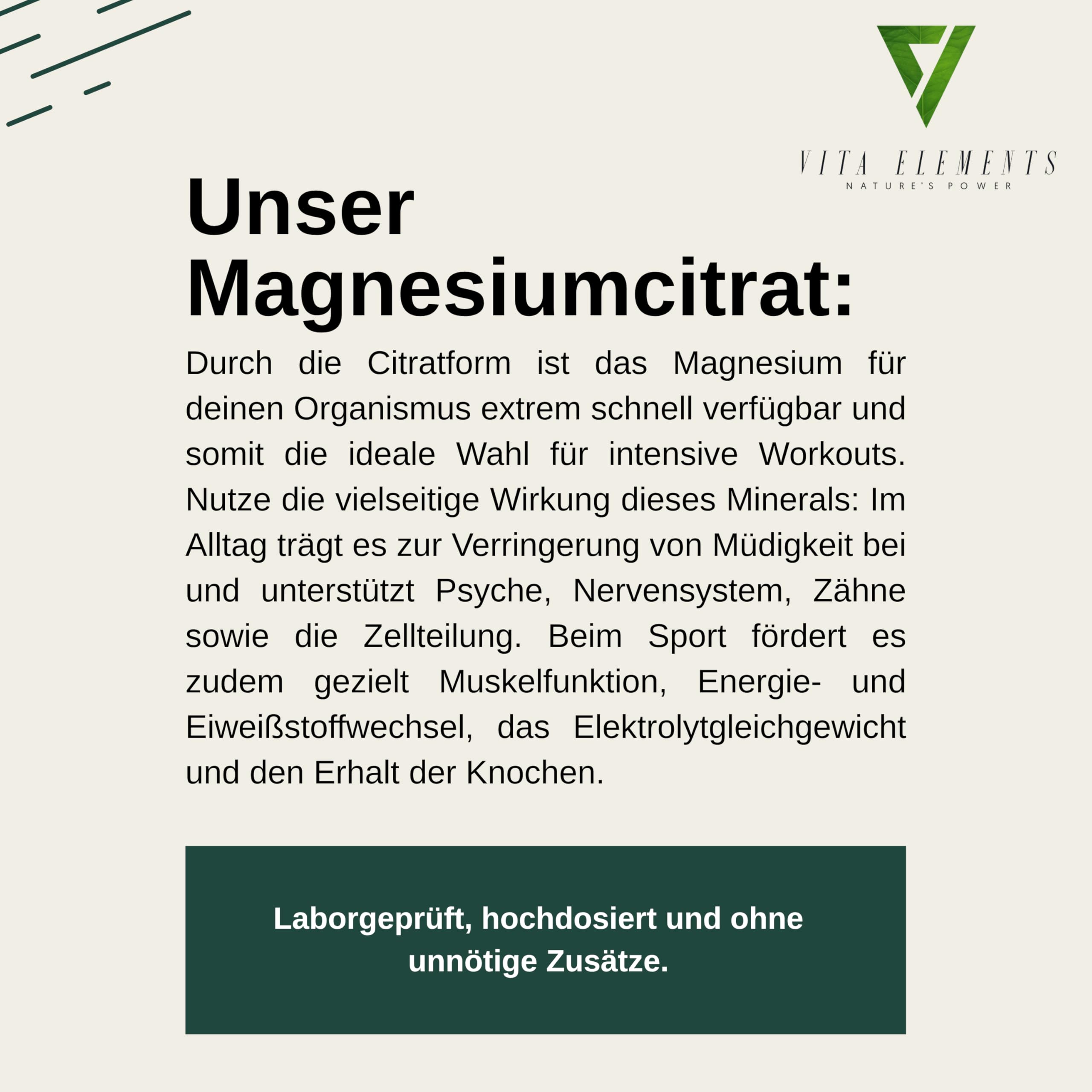 Vita Elements Premium Magnesiumcitrat - 365 Kapseln - 360mg elementares Magnesium - 4 Monate Vorrat - Laborgeprüft - Vegan - Ohne Zusätze – Hochdosiert